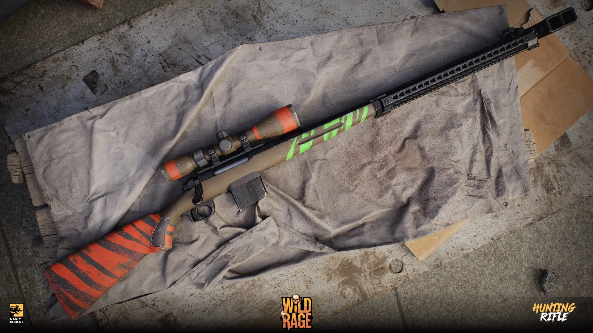 3D model of a hunting rifle with a scope and orange tiger camo print
