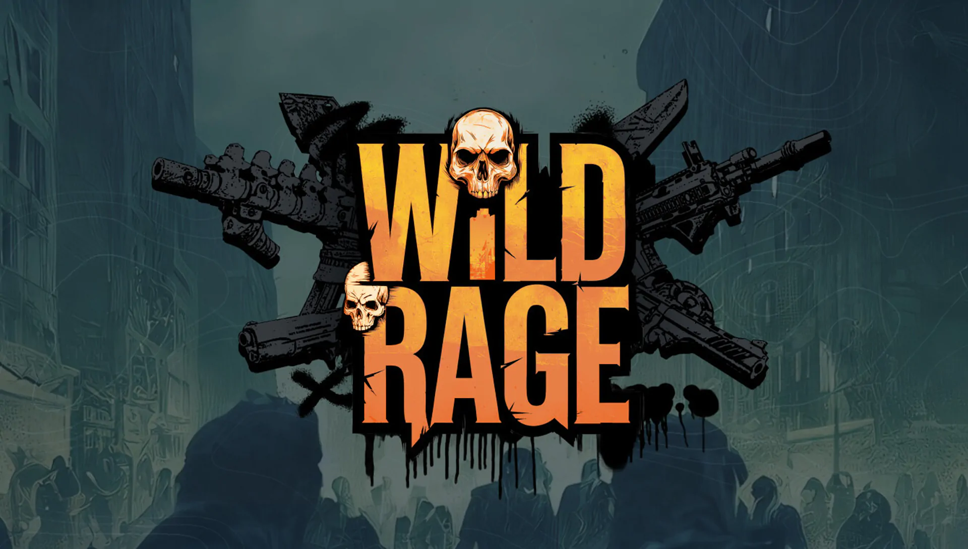 Wild Rage game logo with skulls against weapon silhouettes and ruined city background