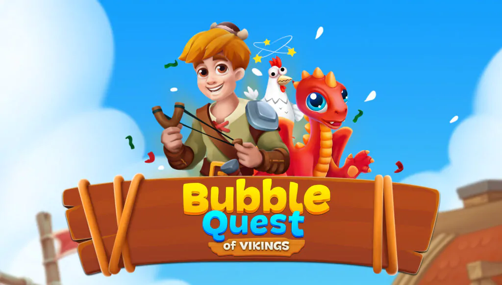 Bubble Quest of Vikings promotional banner — Character art and game branding