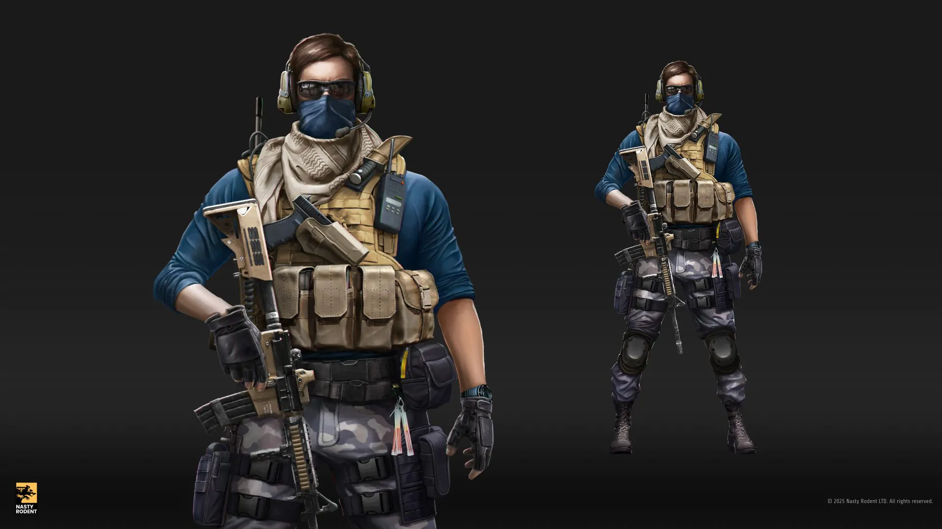 Concept art of a modern mercenary soldier in tactical gear with a rifle