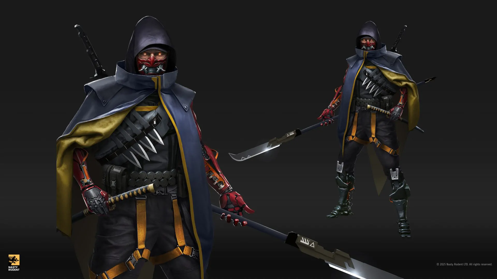 Concept art of a cyberpunk samurai in an oni mask with a tech spear and swords