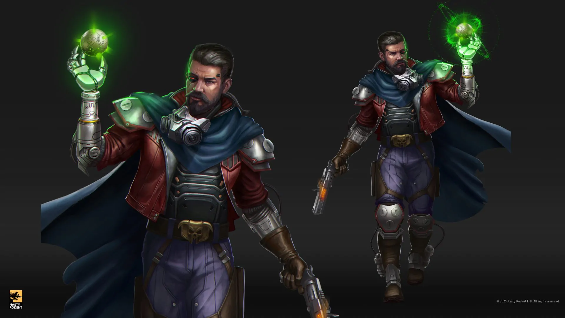 Concept art of a cyberpunk character with a mechanical arm, cape, and glowing sphere