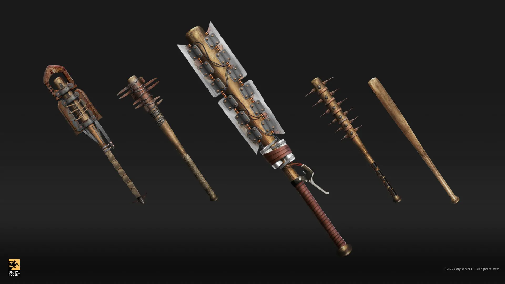 Concept art of improvised melee weapons: bats with spikes, saws, and rebar