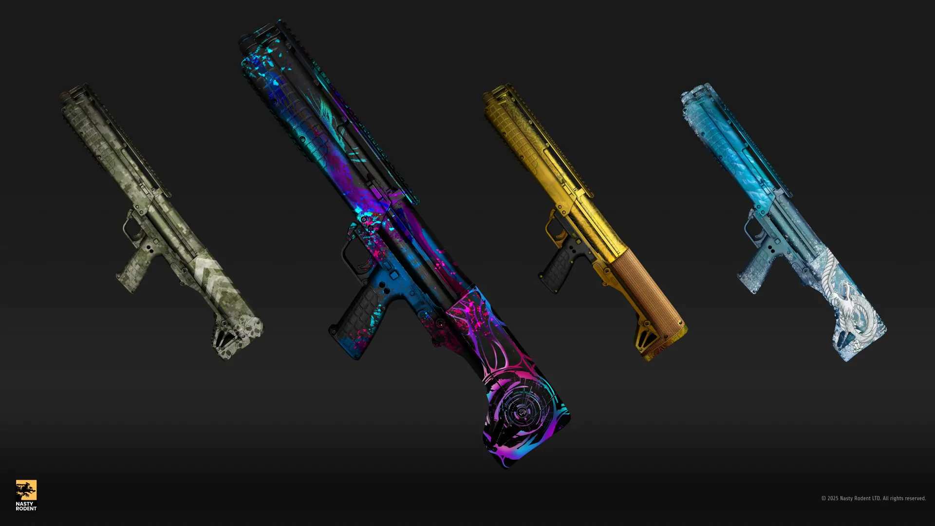 Shotgun weapon skin variations with camouflage, neon, and gold patterns