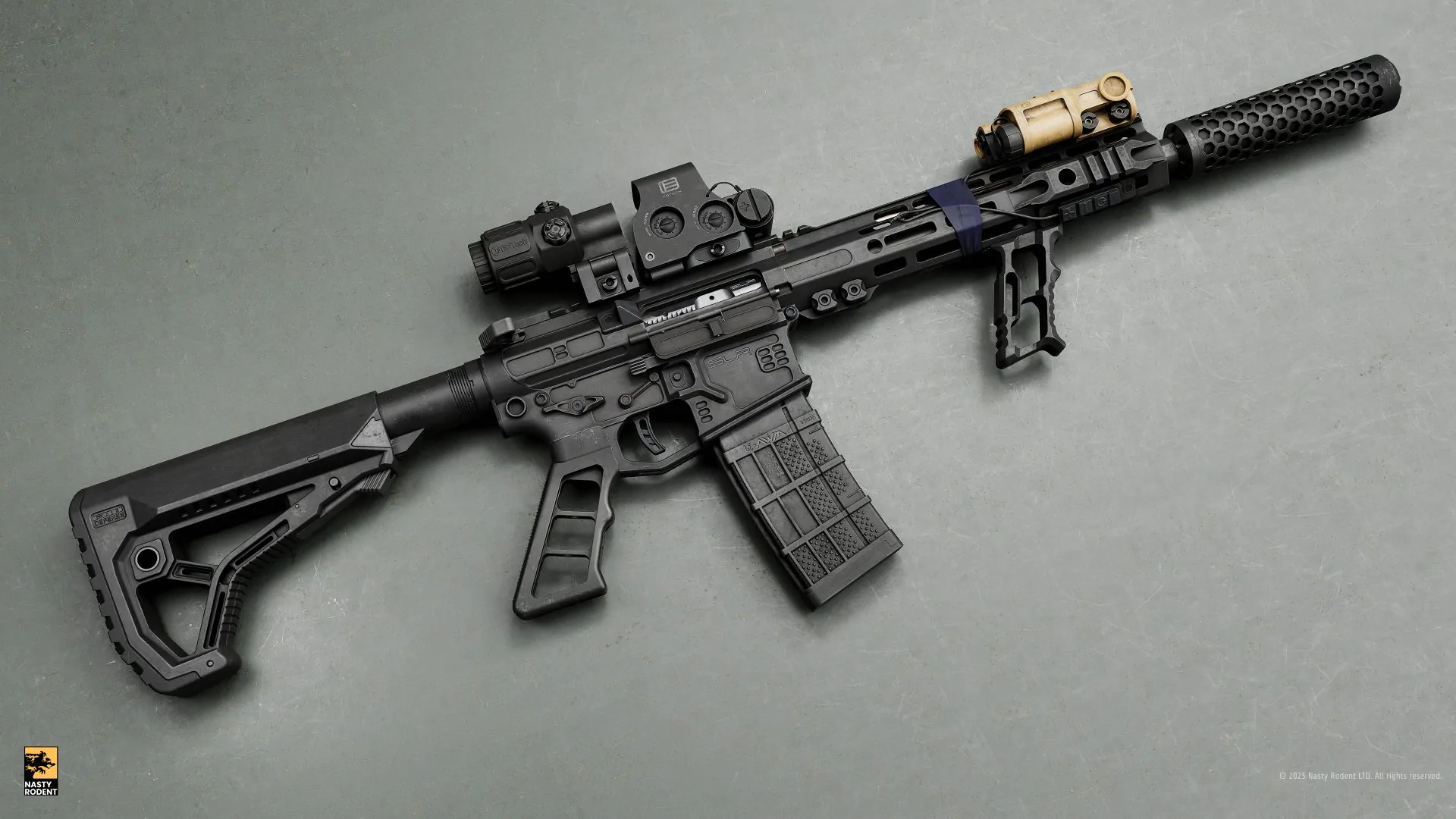 Realistic 3D model of AR-15 assault rifle with holographic sight and suppressor