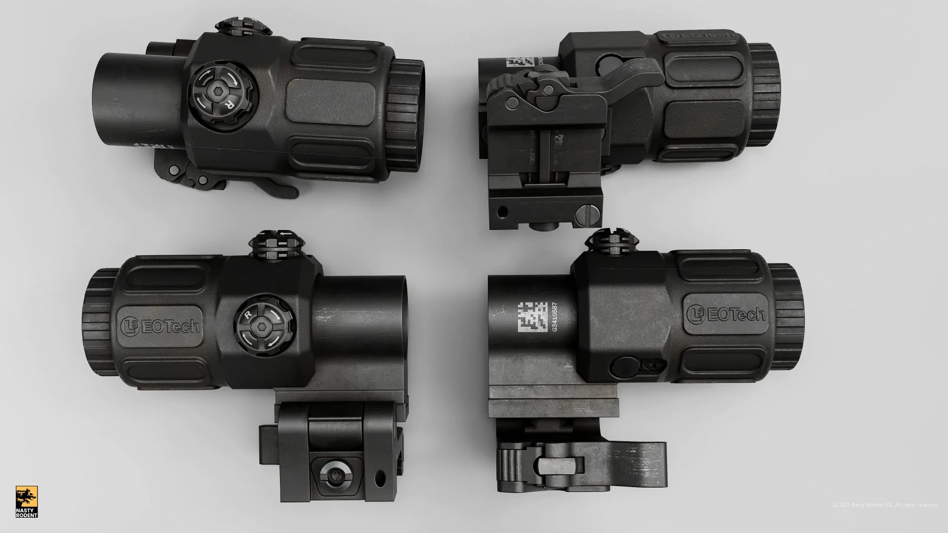 3D model of EOTech G33 magnifier weapon attachment, four-side view