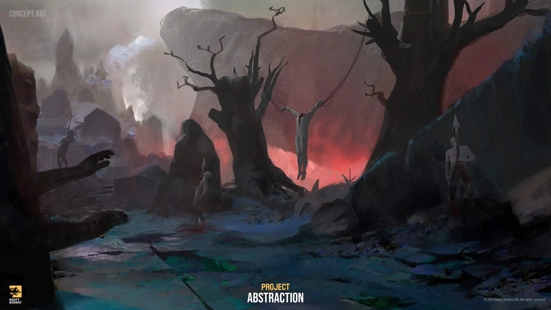 Dark environment concept art with bodies on trees and blood mist, horror style