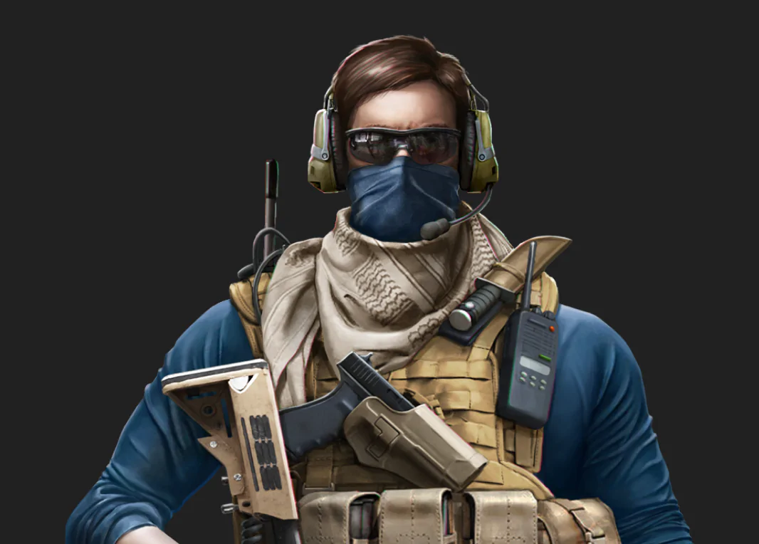 Concept art of a PMC operator in tactical gear, headset and face mask