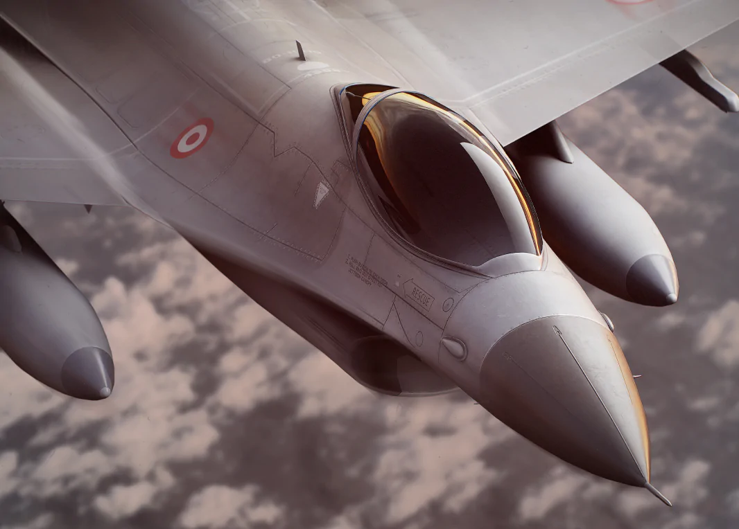 High-detail 3D render of fighter jet cockpit and fuselage in flight