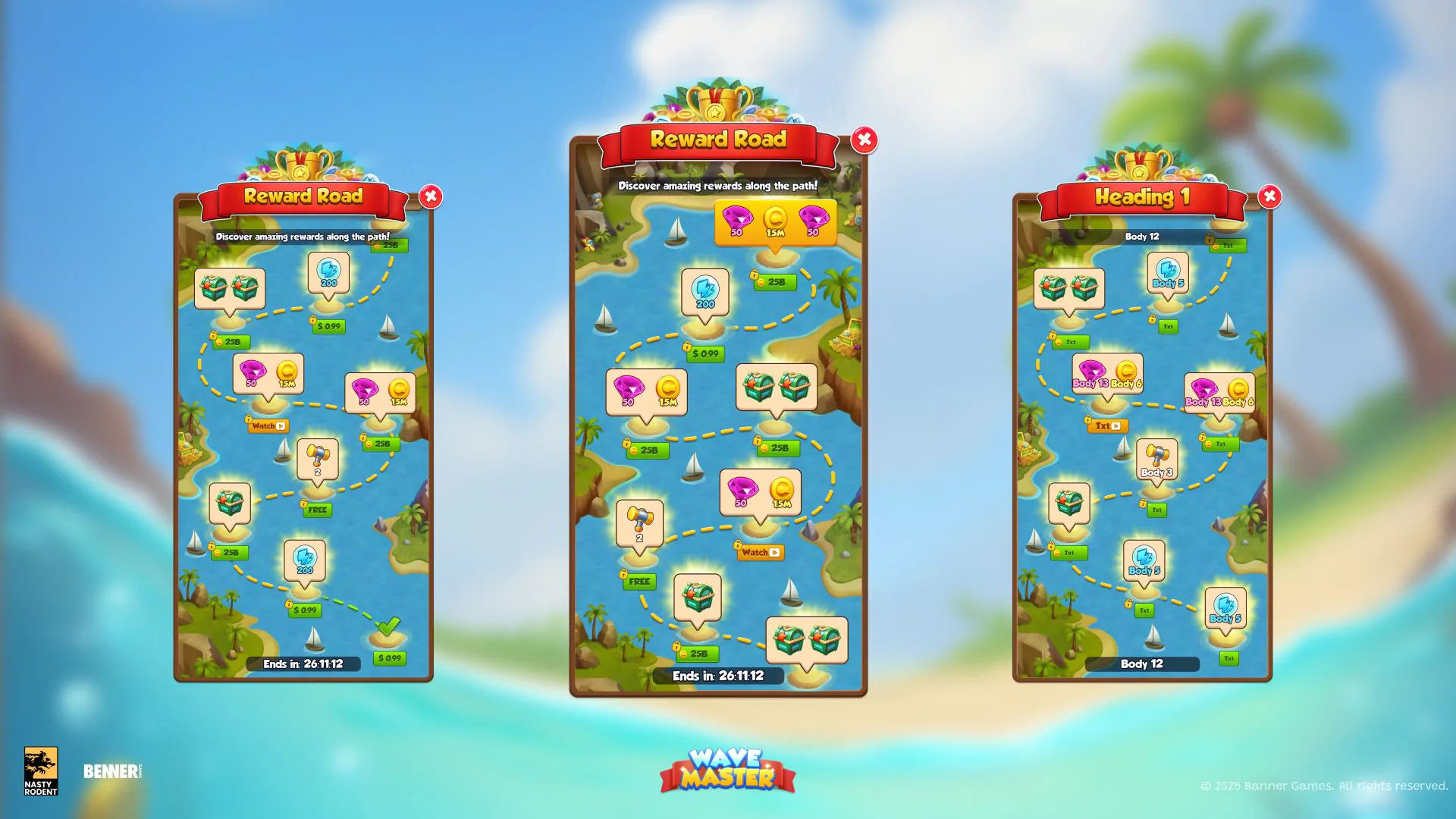 Reward Road map screens with island-hopping route and prizes