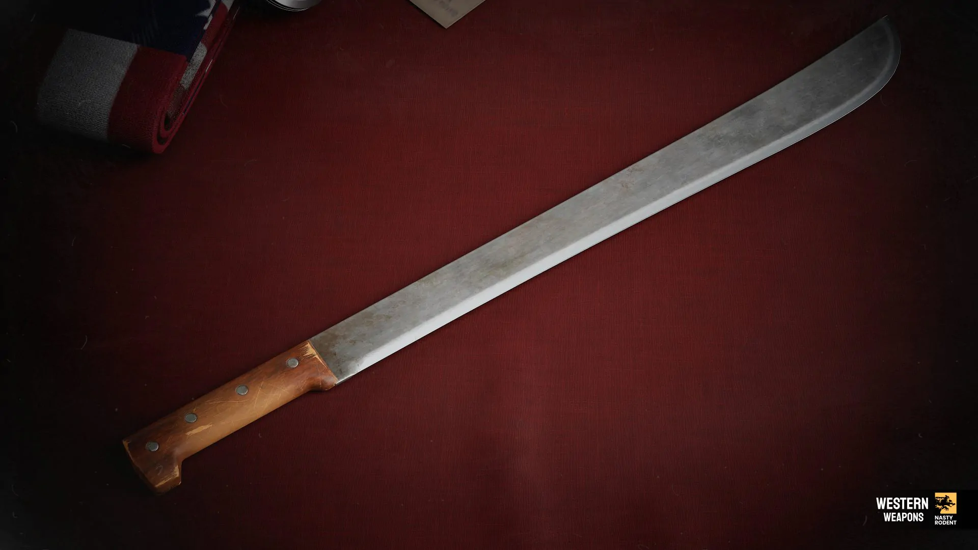 3D model of a weathered machete with wooden handle on red background