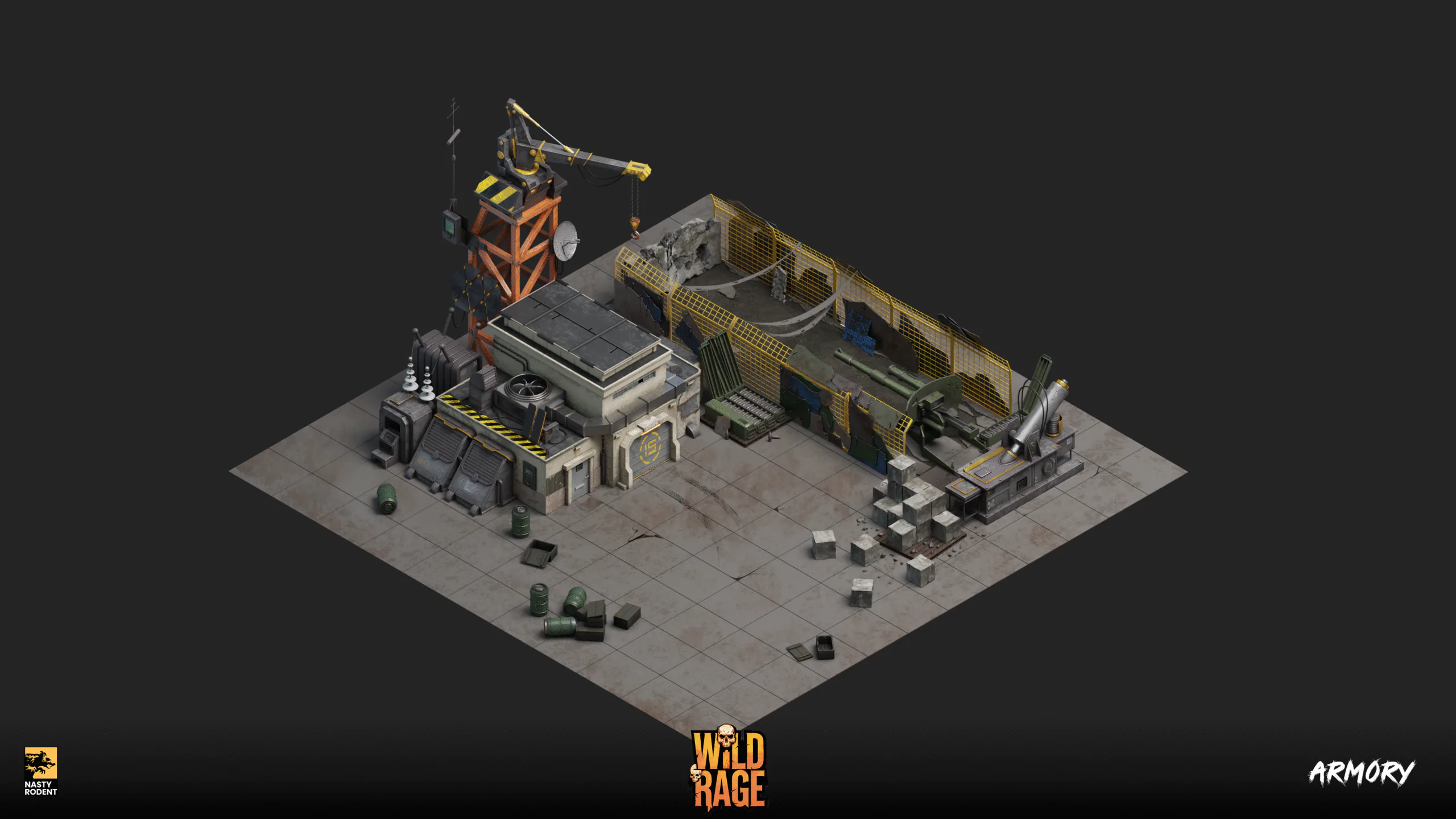 Isometric 3D model of military armory with crane, fortified bunker and artillery