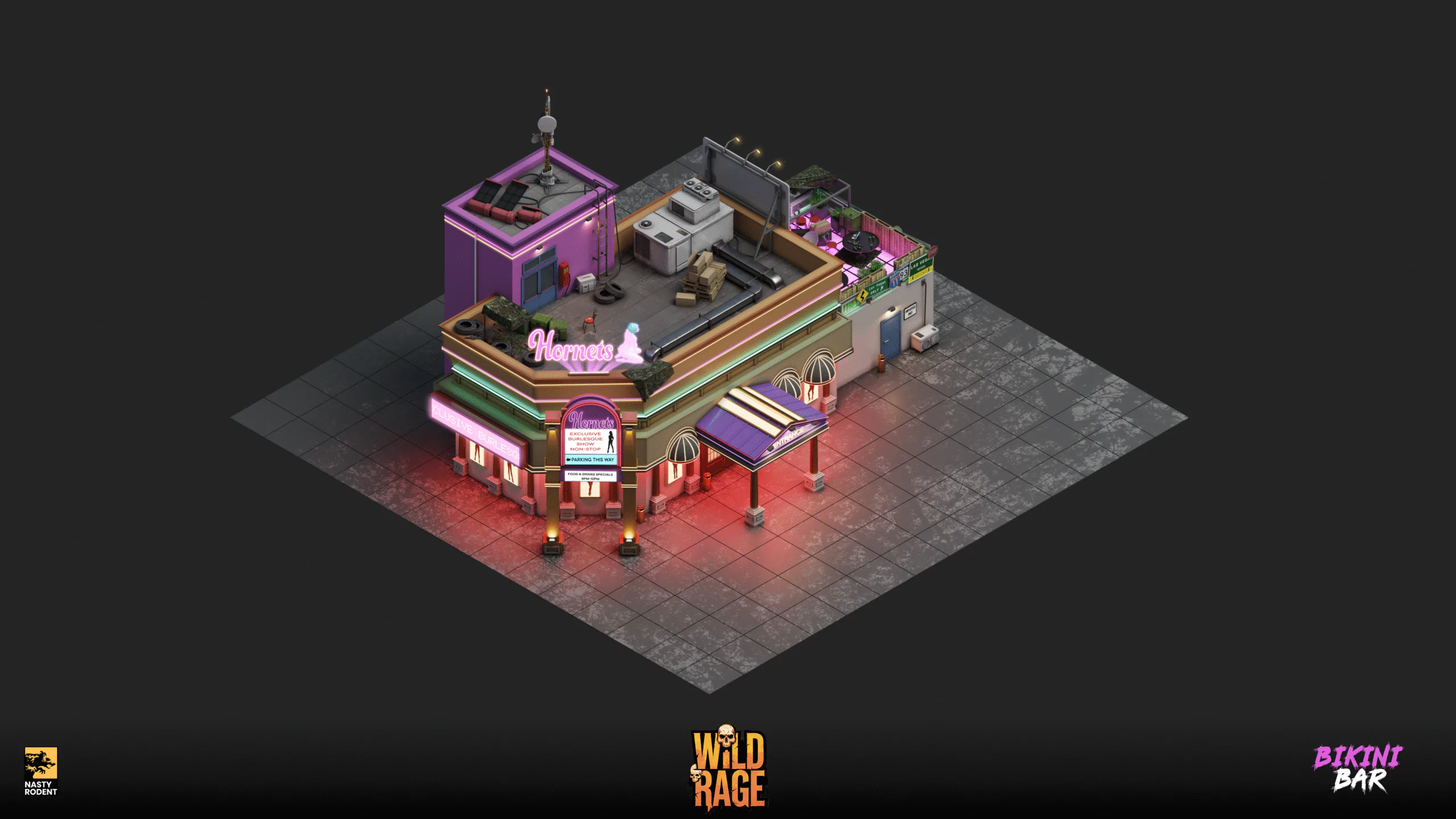 Isometric 3D model of Bikini Bar with neon signage and rooftop terrace