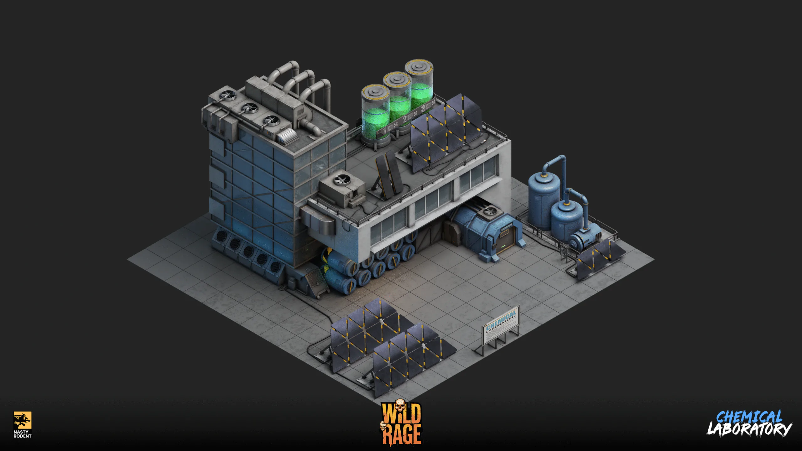 Isometric chemical laboratory building with toxic fluid tanks and solar arrays