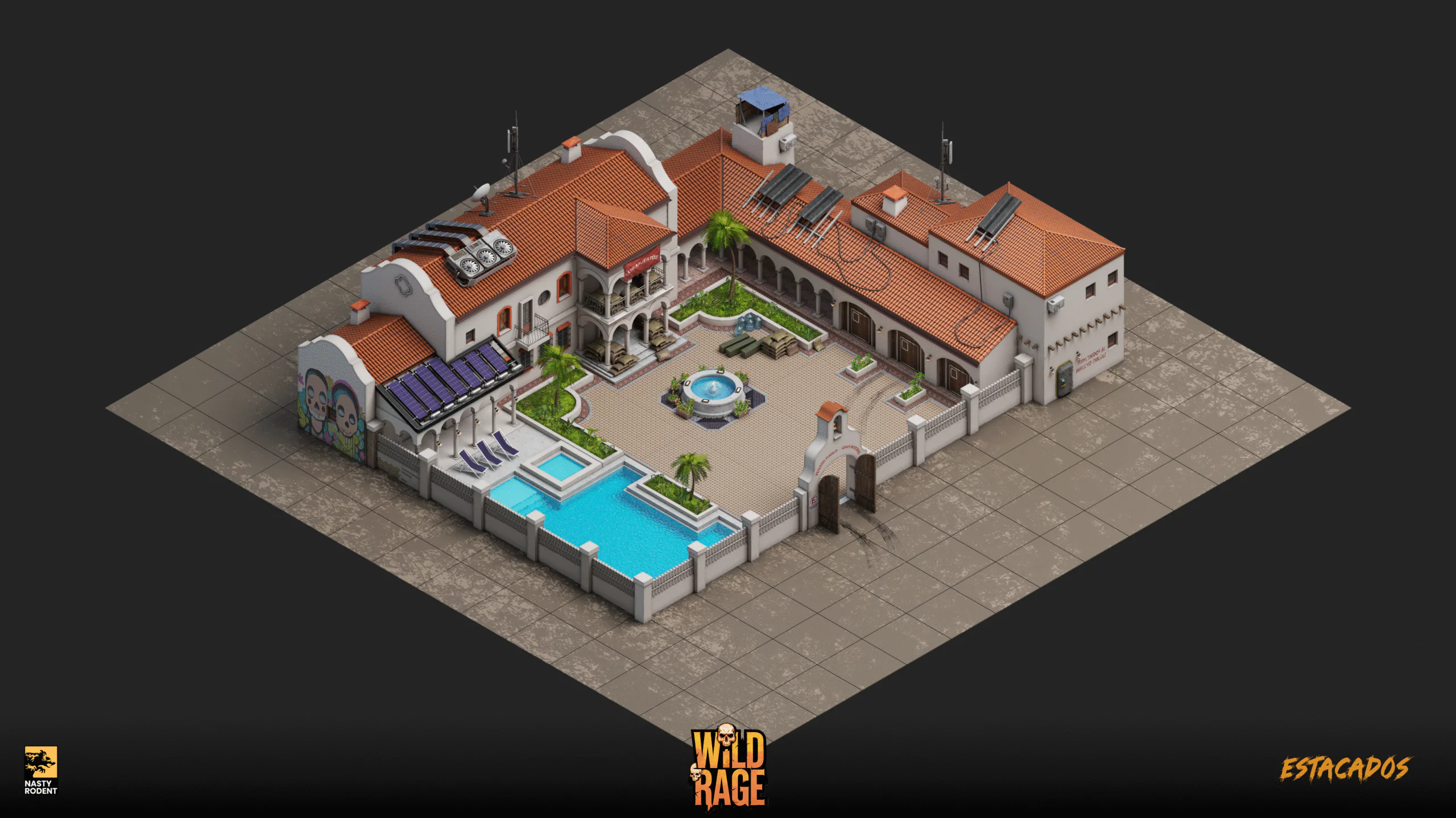 Isometric 3D model of Estacados villa with swimming pool and solar panels