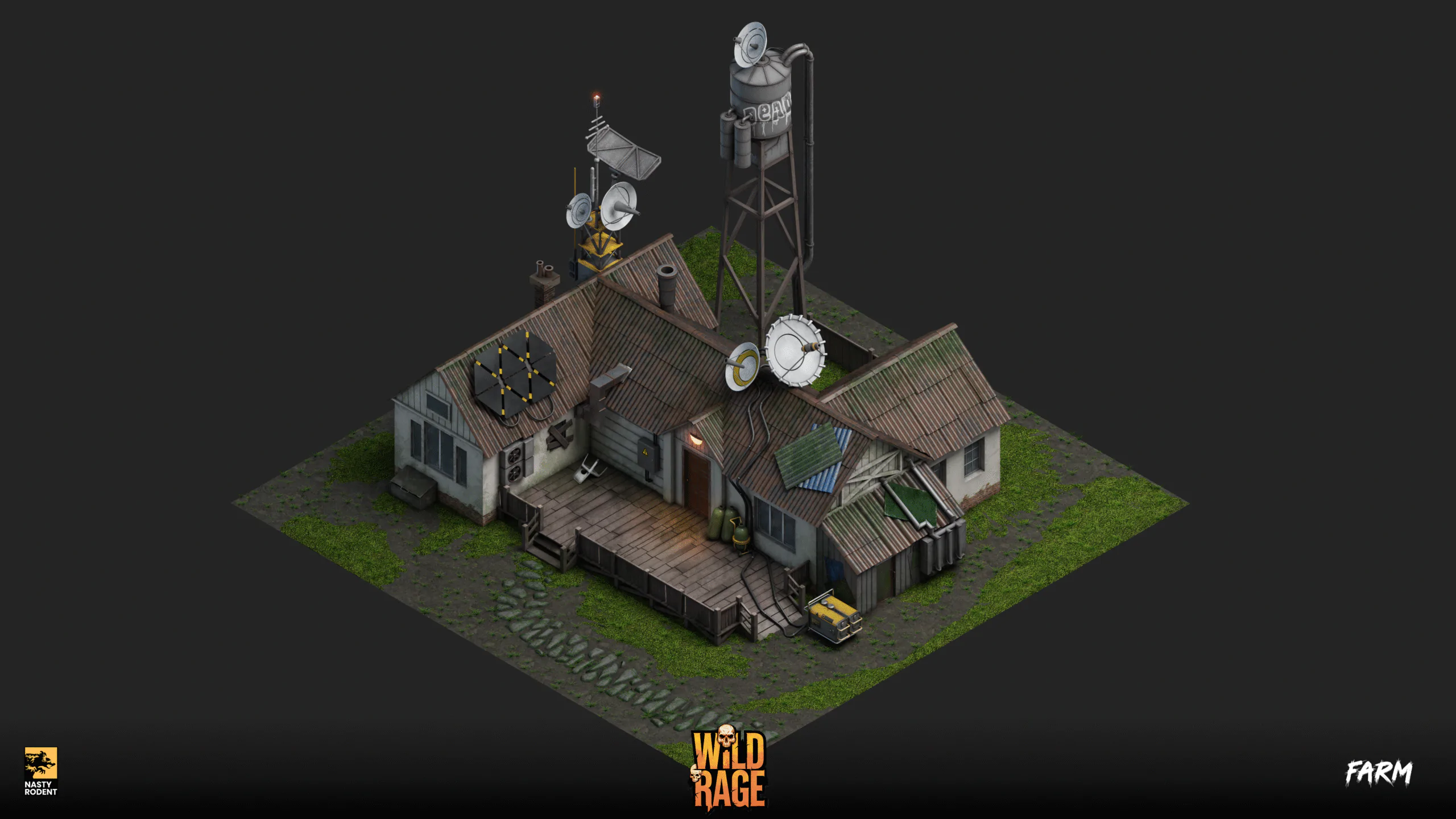 Post-apocalyptic farm house with satellite dishes and water tower