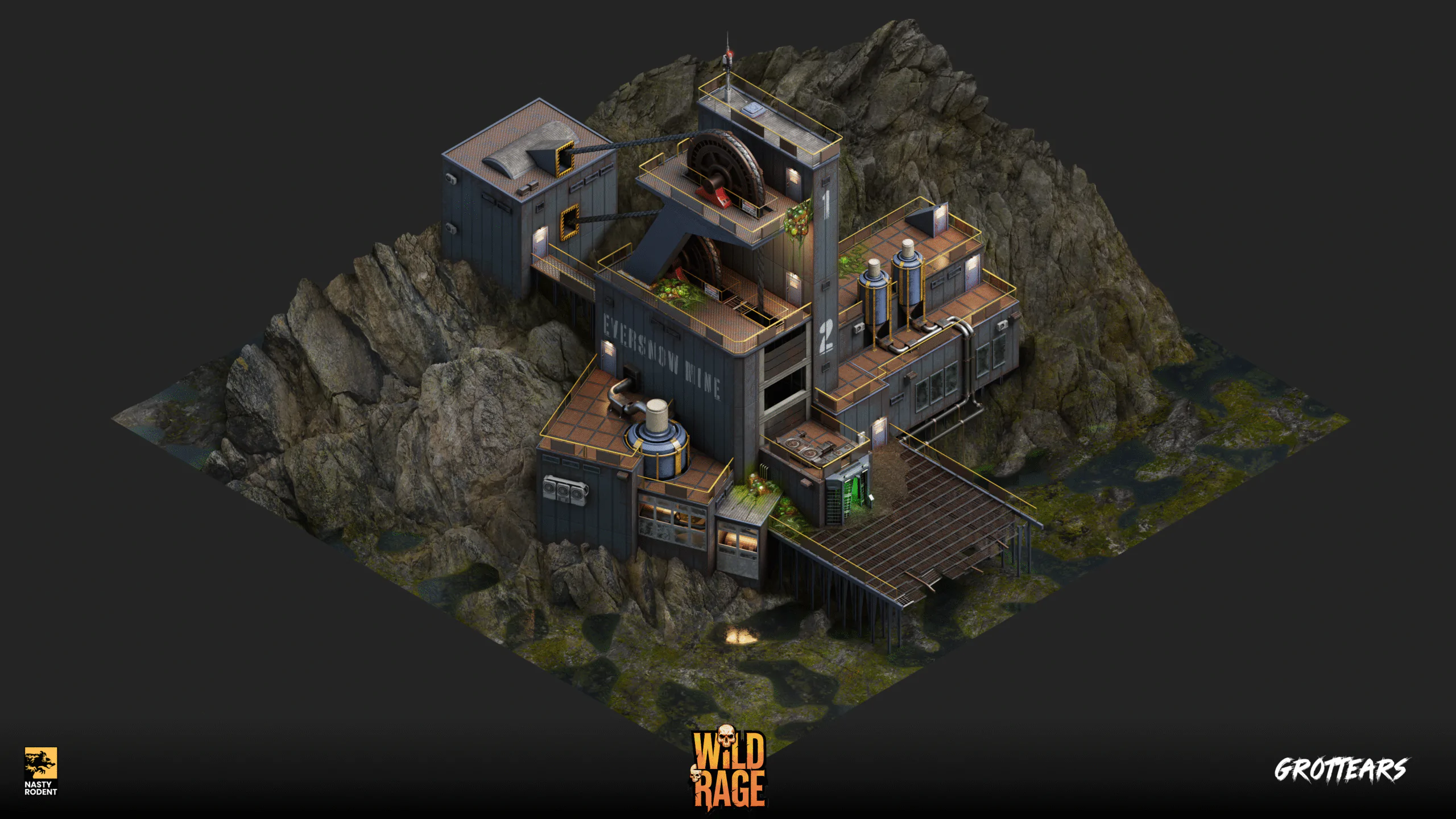 Isometric 3D model of Grot Tears mine integrated into rocky terrain