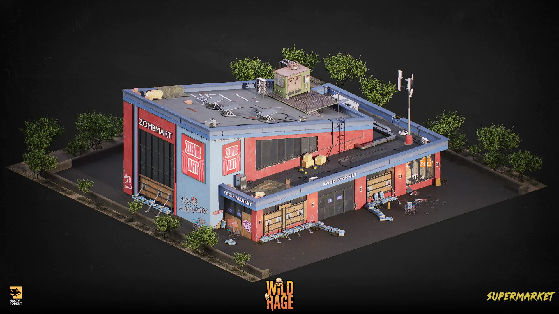 Isometric 3D model of an abandoned Zombmart supermarket for Wild Rage