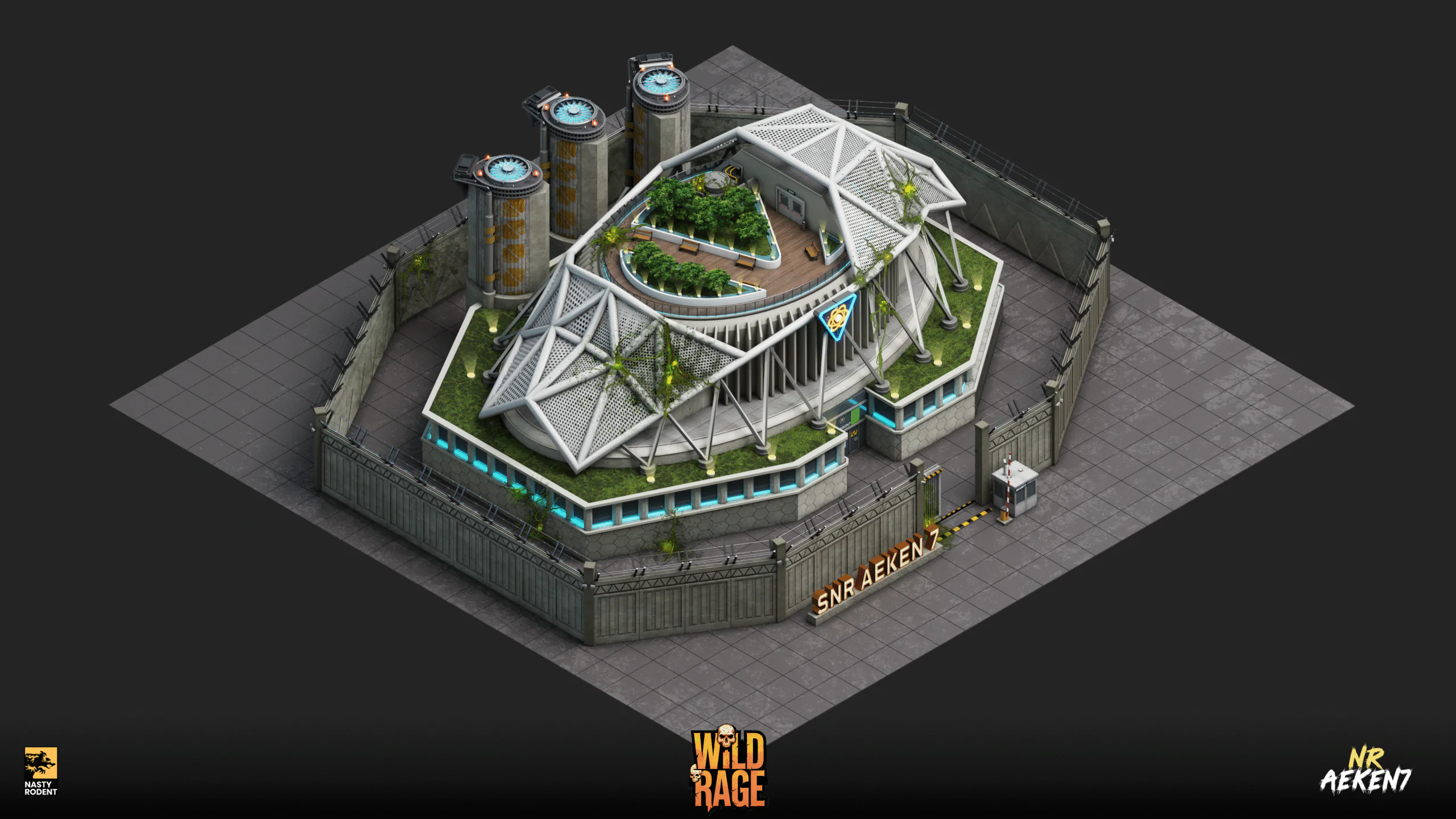 Futuristic research facility NR Aeken 7 with security fence