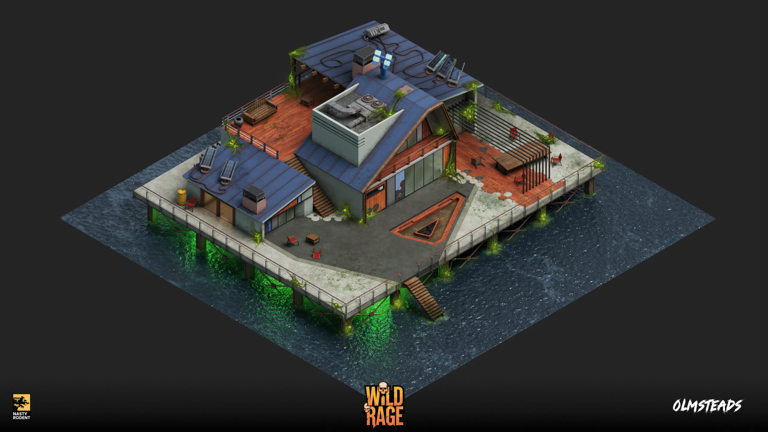 Isometric waterfront building Olmsteads on stilts with green under-lighting