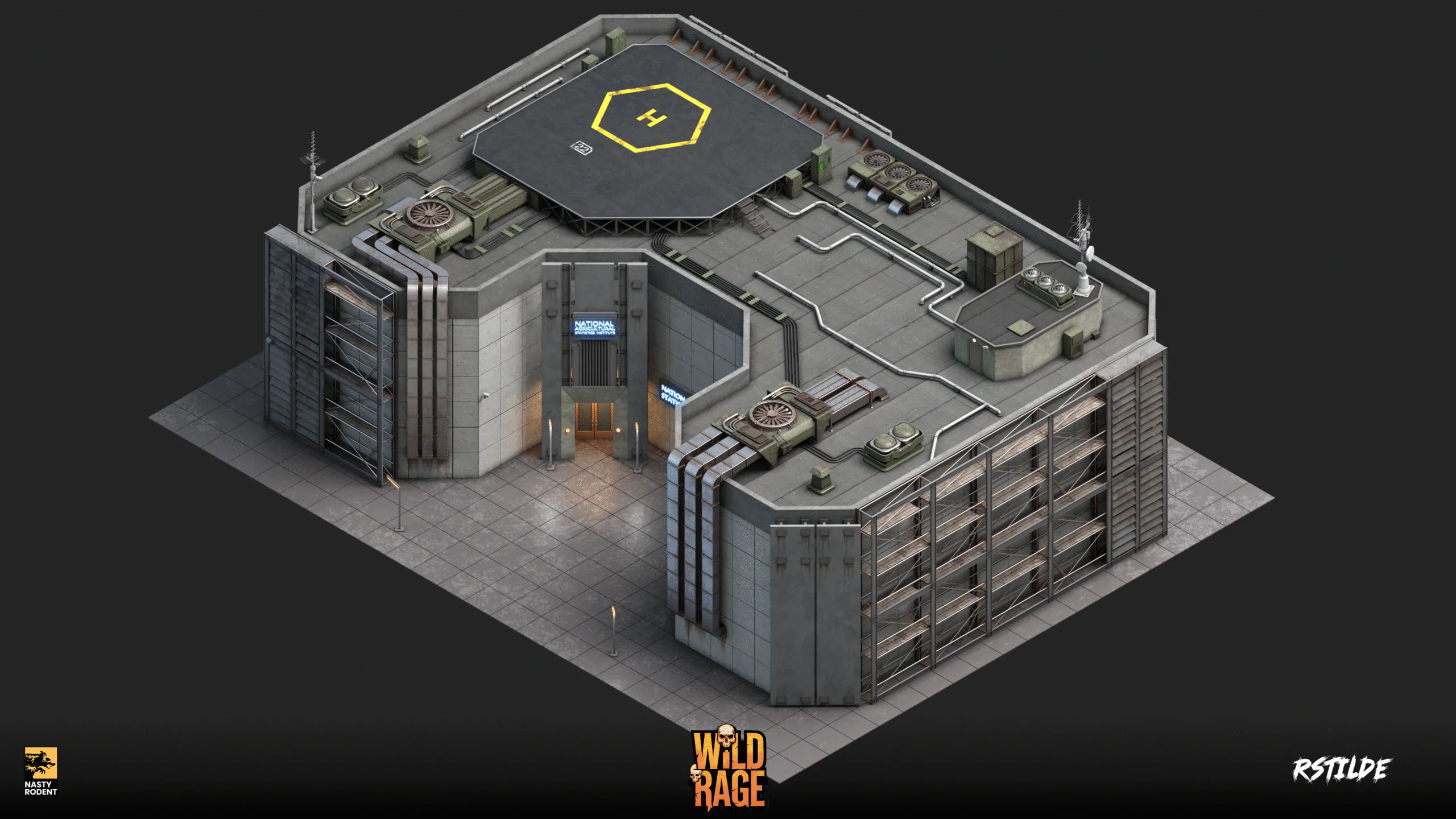 Isometric 3D model of National Agricultural Service building with helipad
