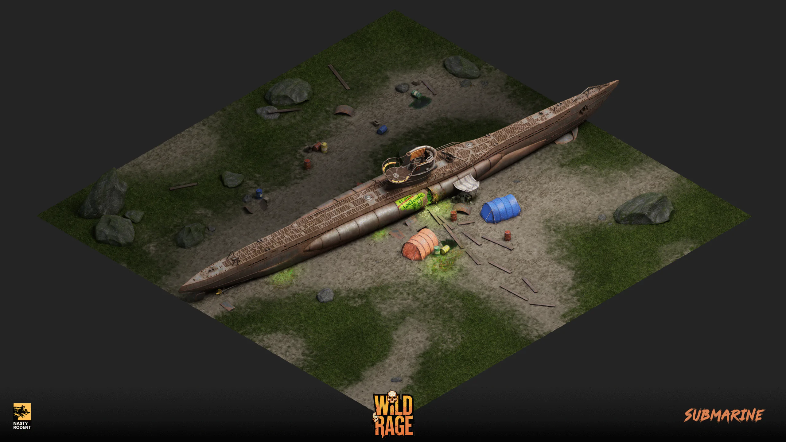 Post-apocalyptic submarine camp with tents and debris on dry land