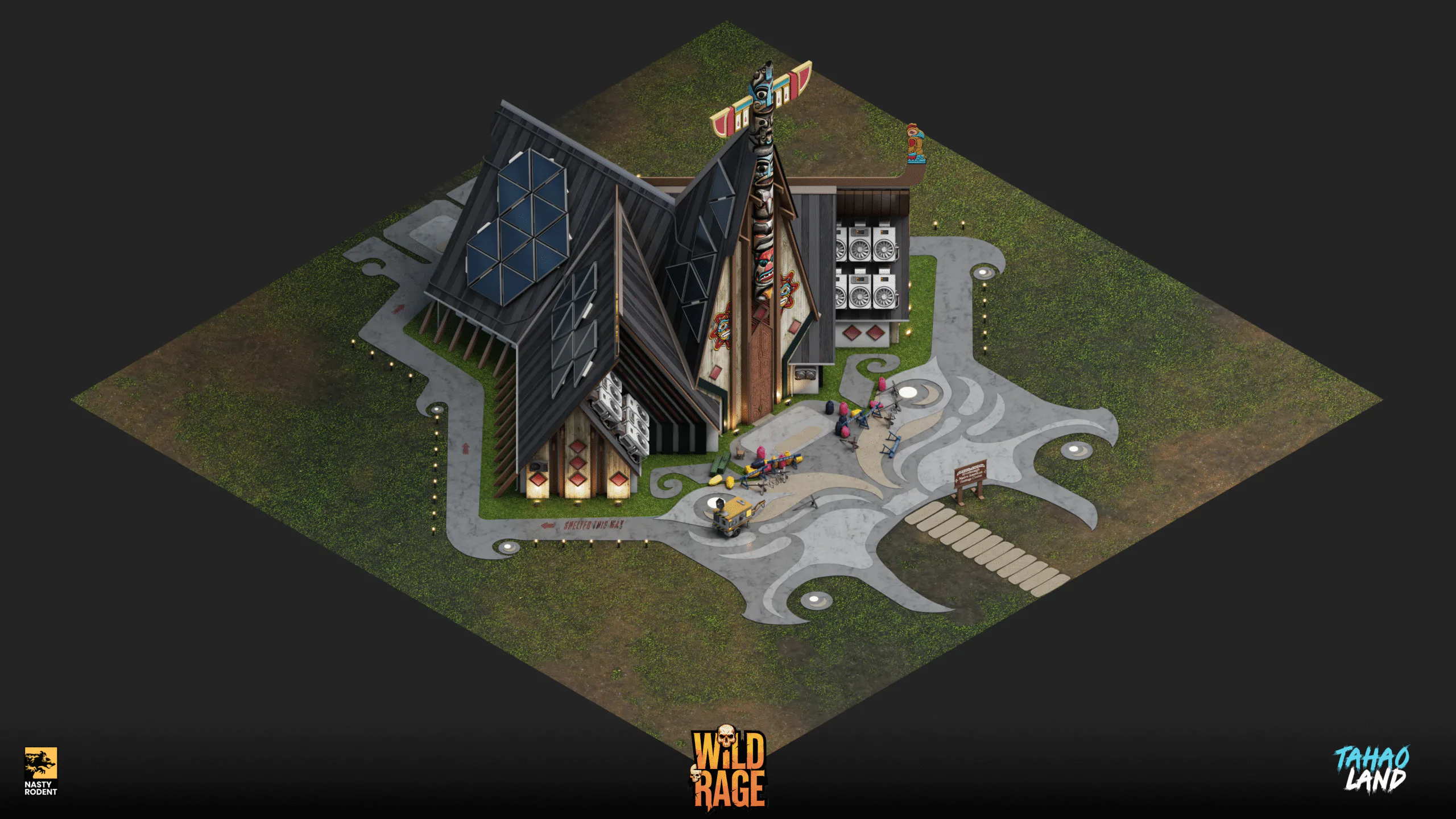 Isometric 3D model of Tahao Land themed building with totem pole