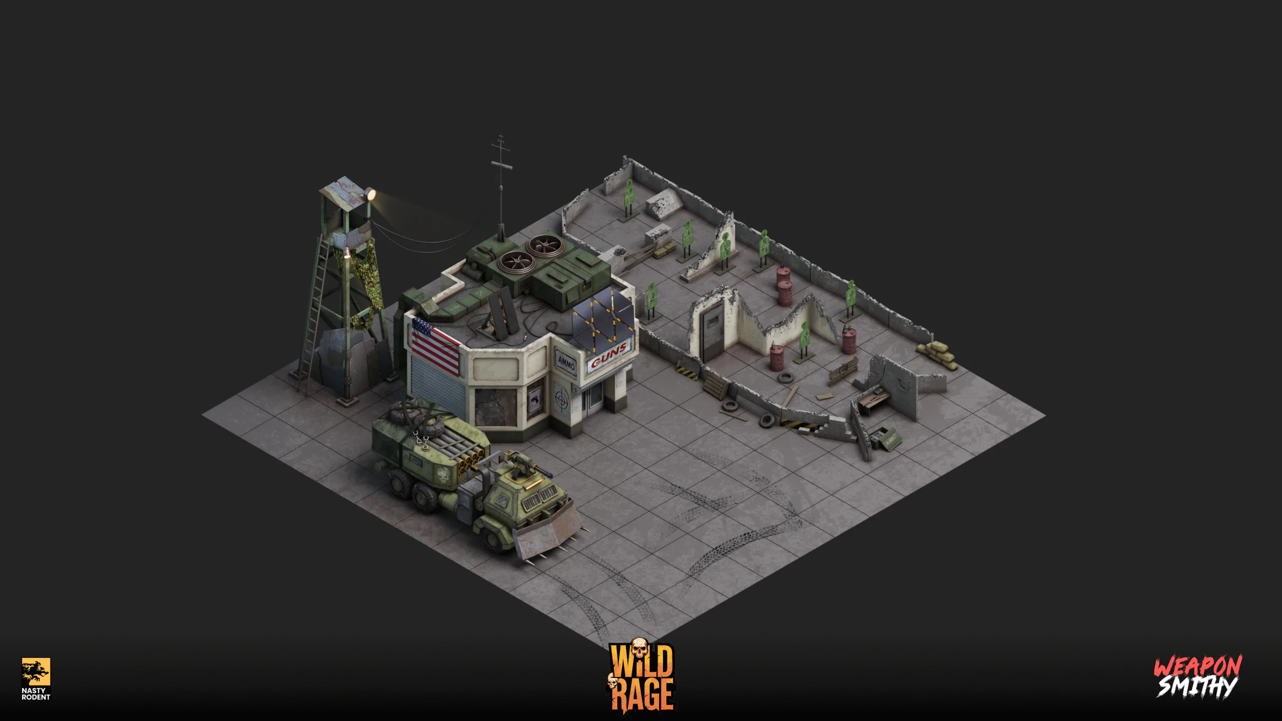Isometric 3D model of weapon smithy with shooting range and armored truck