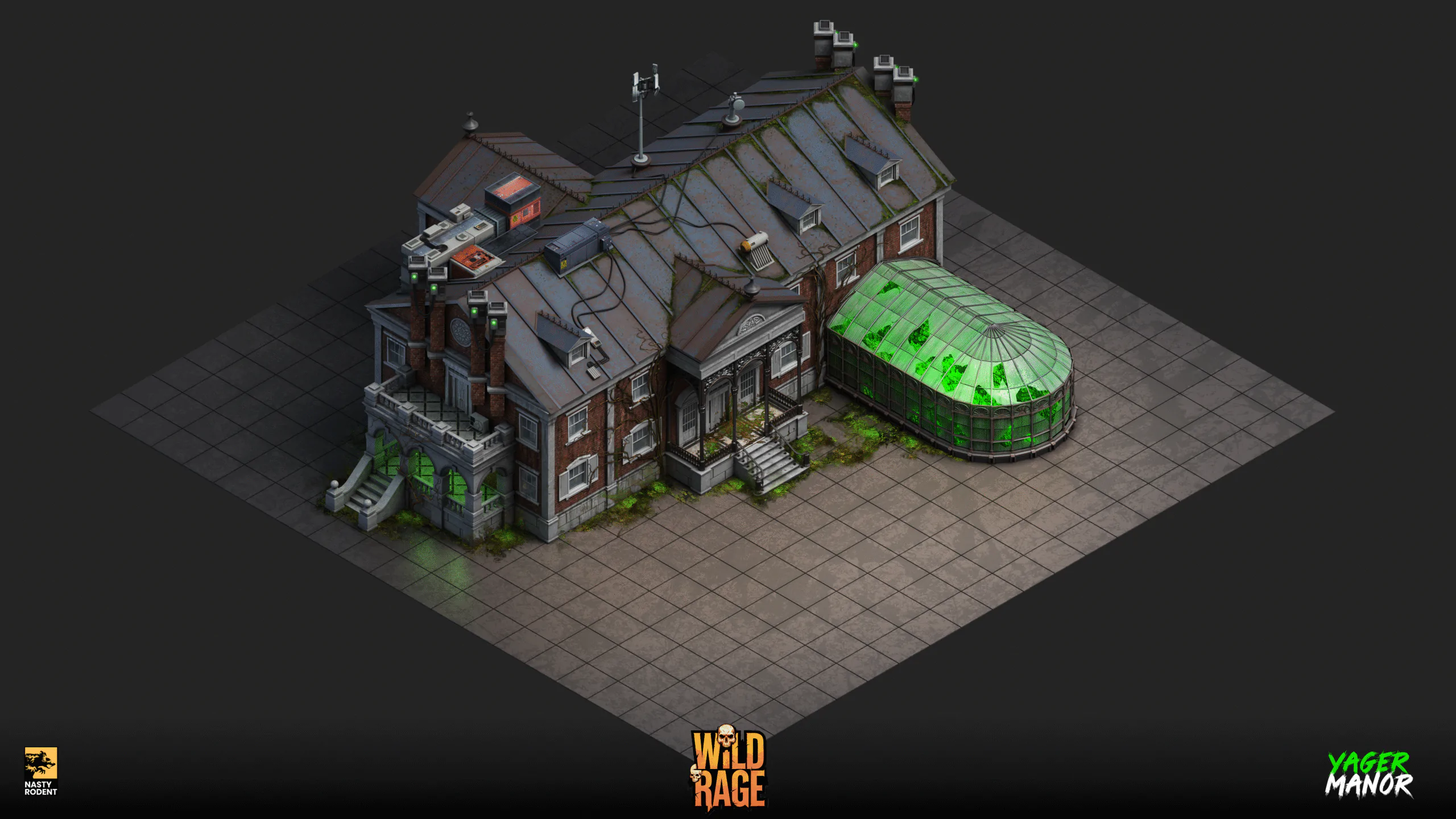 Isometric Victorian Yager Manor with glowing green greenhouse annex