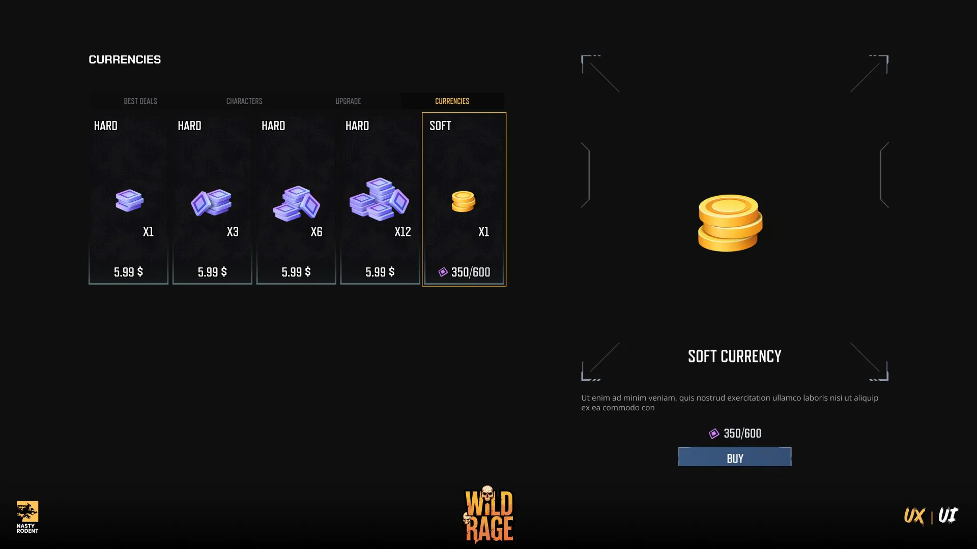In-game shop UI for hard and soft currency purchase, Wild Rage game
