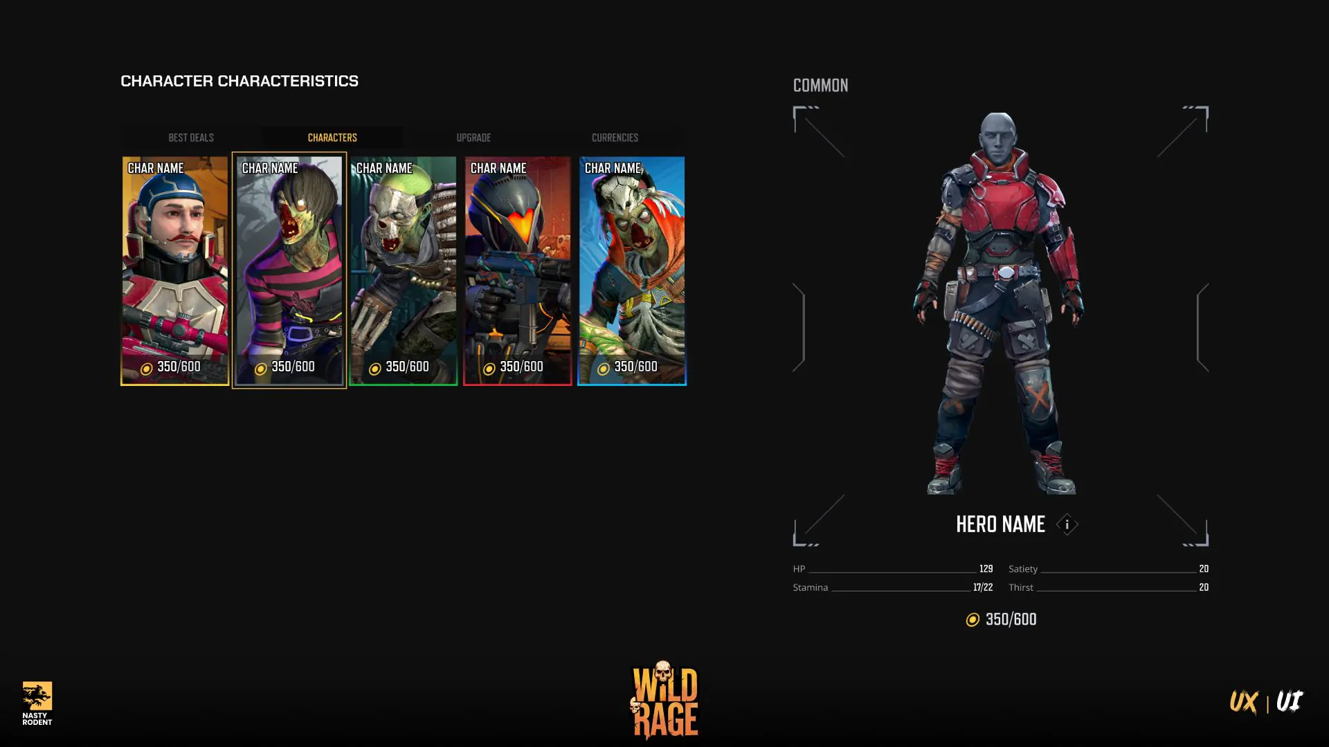 Character selection and stats UI (HP, Stamina) in Wild Rage game