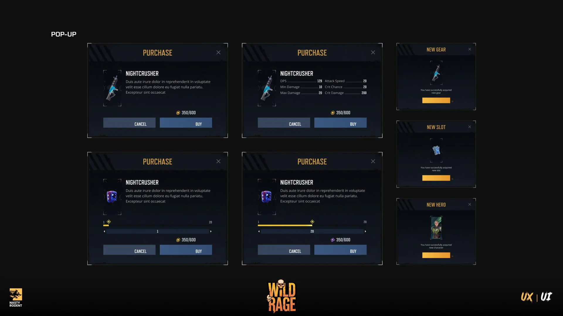 UI design for purchase confirmation pop-ups in Wild Rage game