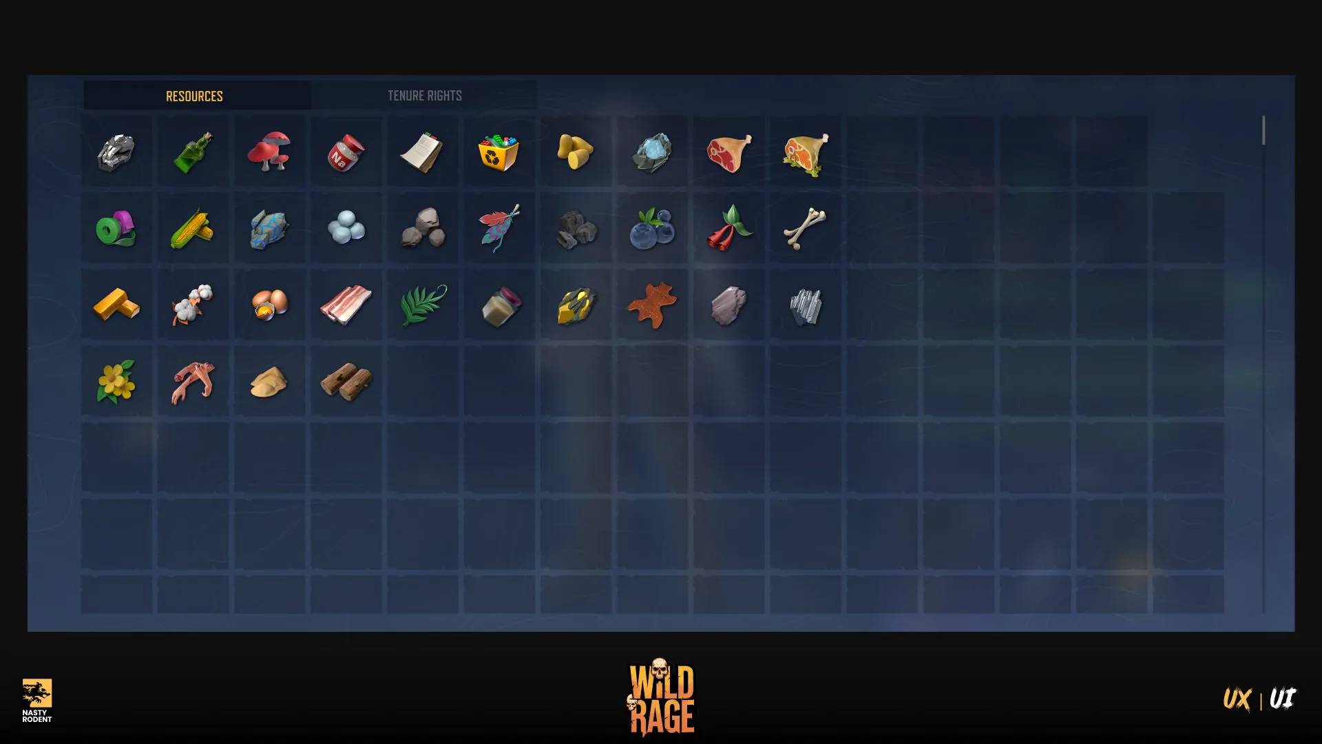 Inventory grid with resource icons: meat, mushrooms, ammo, fabric, resources