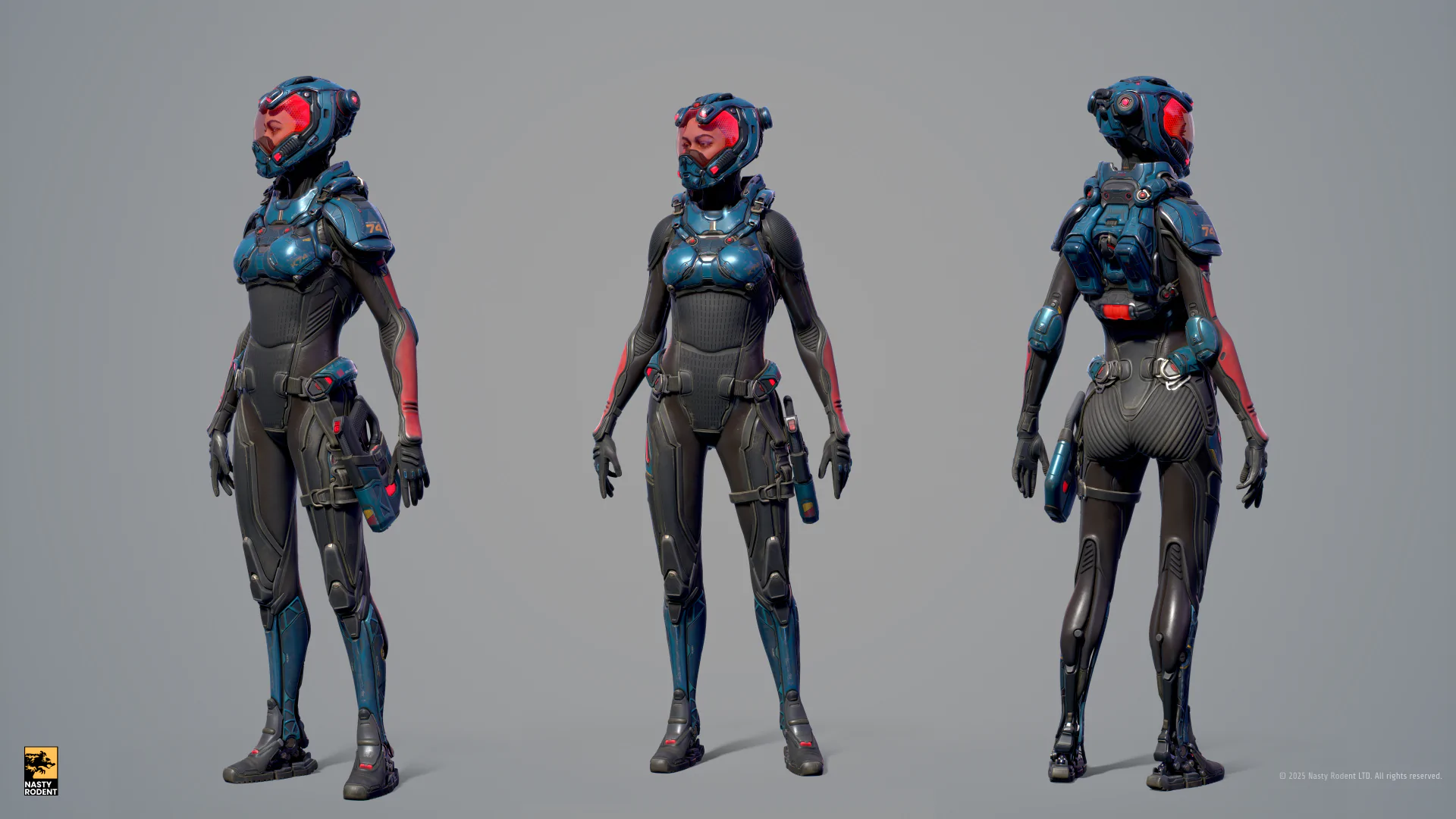 3D character pilot model in futuristic gear, 3-point turnaround