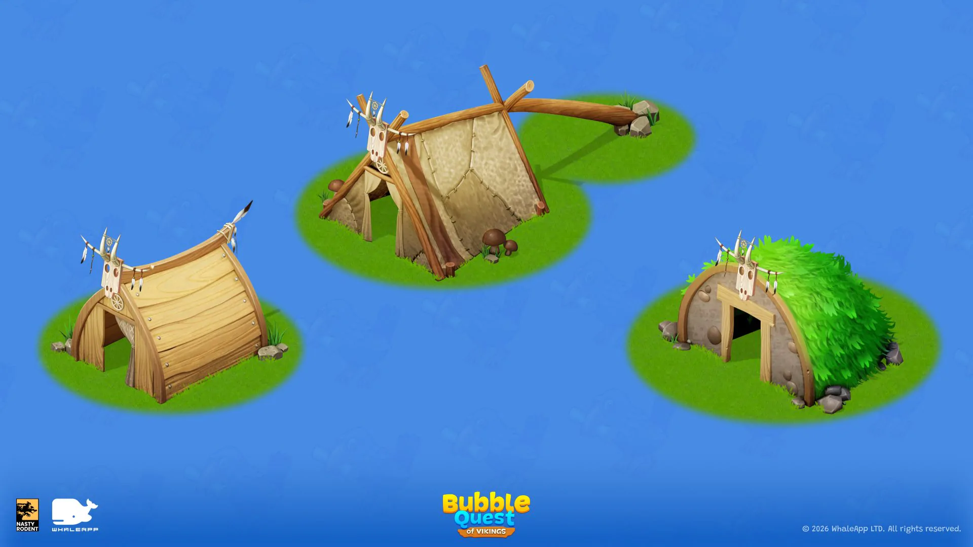 Stylized 2D environmental assets: viking tent, wooden house, and earth shelter