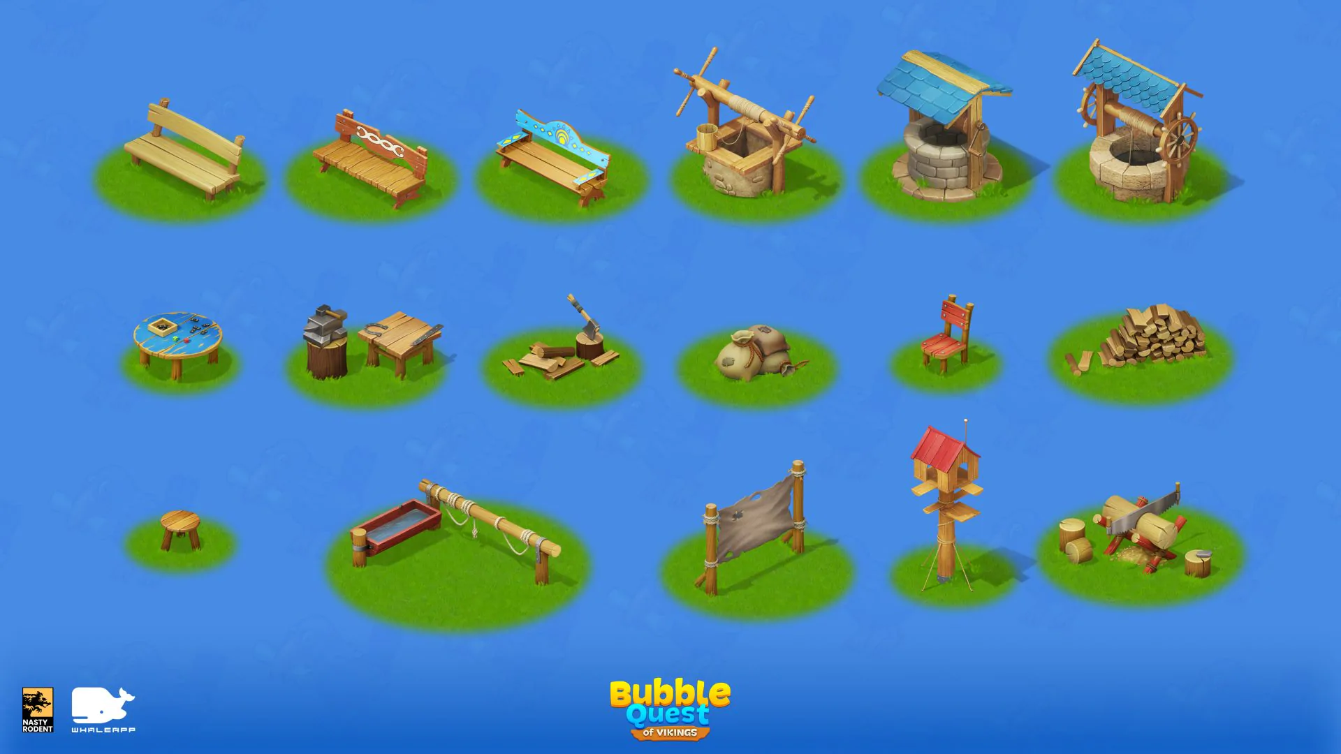 Set of stylized game assets: wells, benches, anvil, and firewood stacks