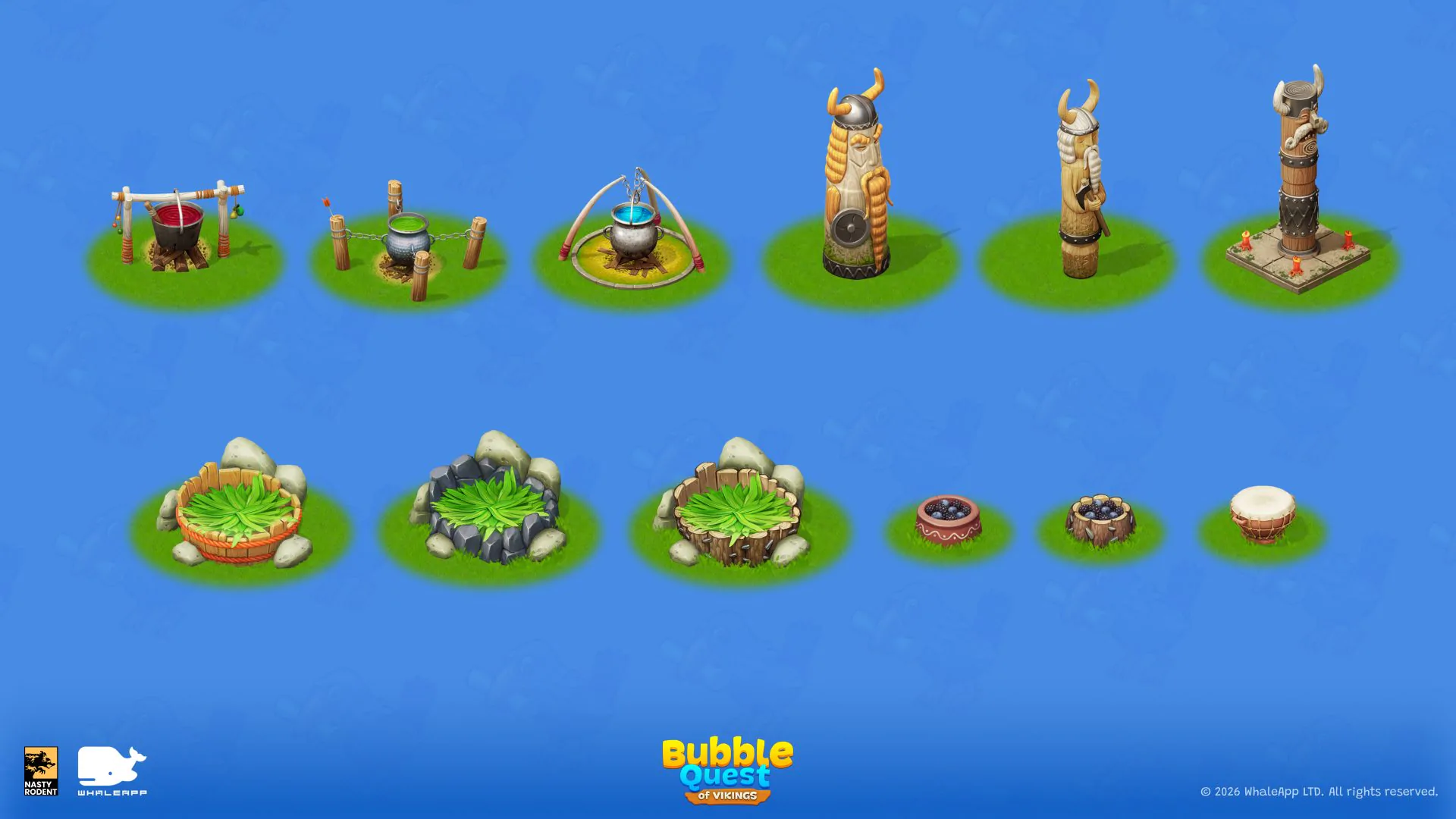 Stylized game objects: potion cauldrons, viking totems, and garden beds
