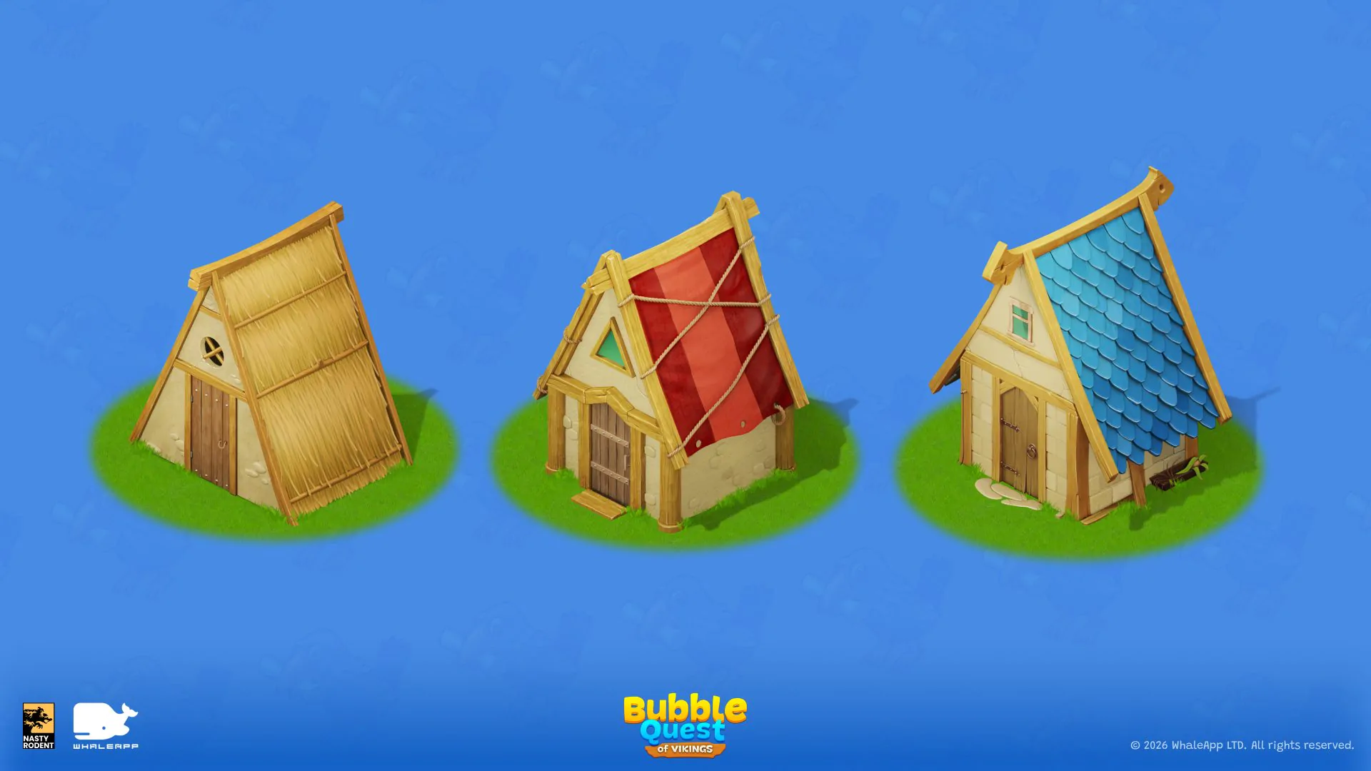 Stylized 2D viking house assets with straw, red, and blue tiled roofs