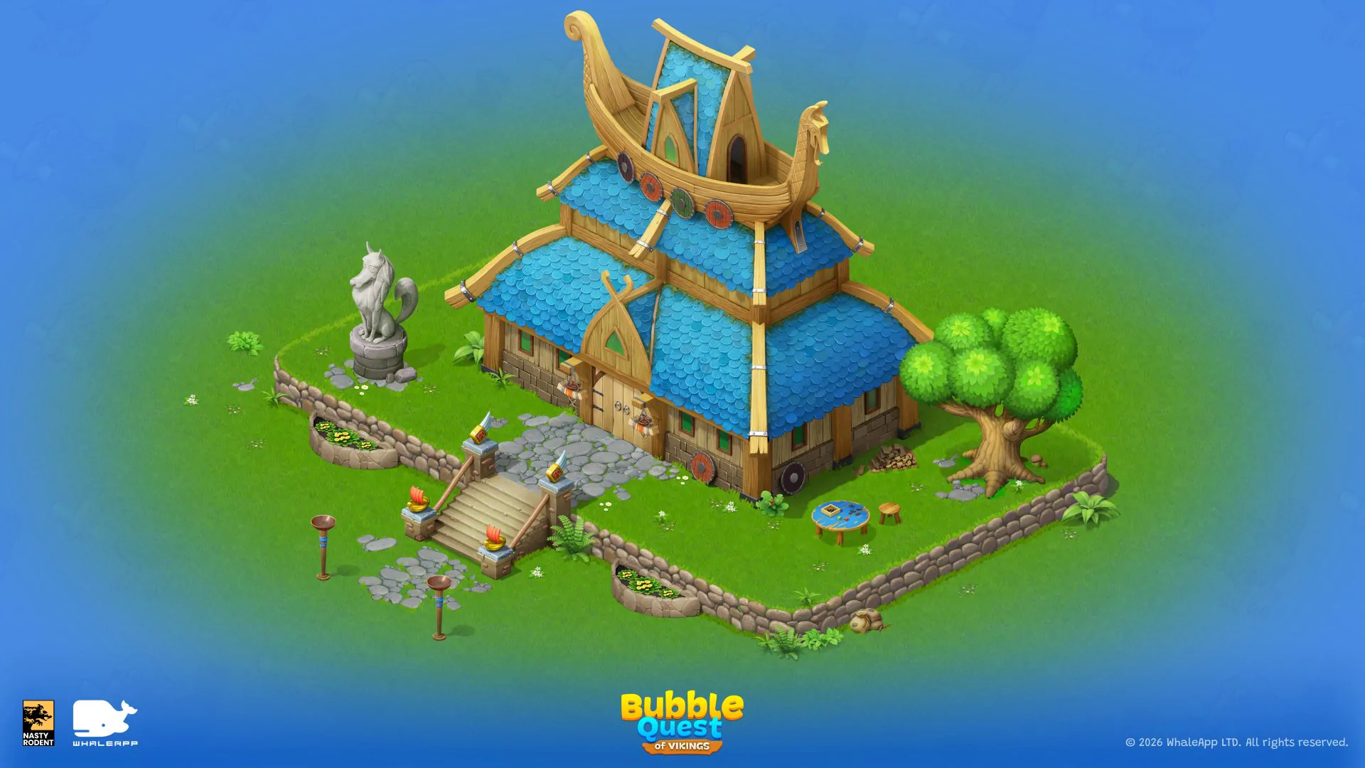 Isometric viking longhouse location with courtyard, garden, and stone wall