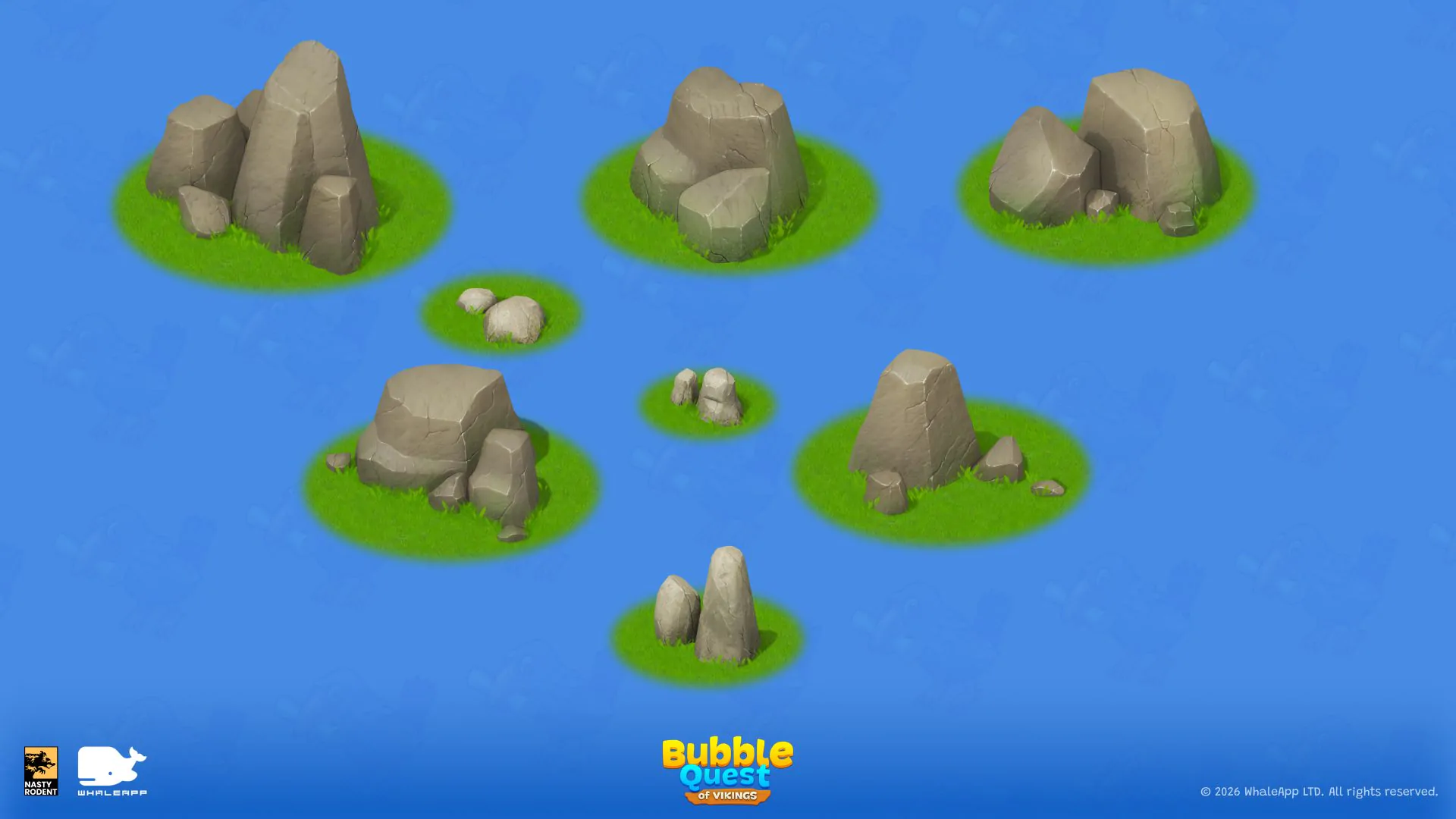 Set of stylized 2D stone, boulder, and rock assets on grass for a game