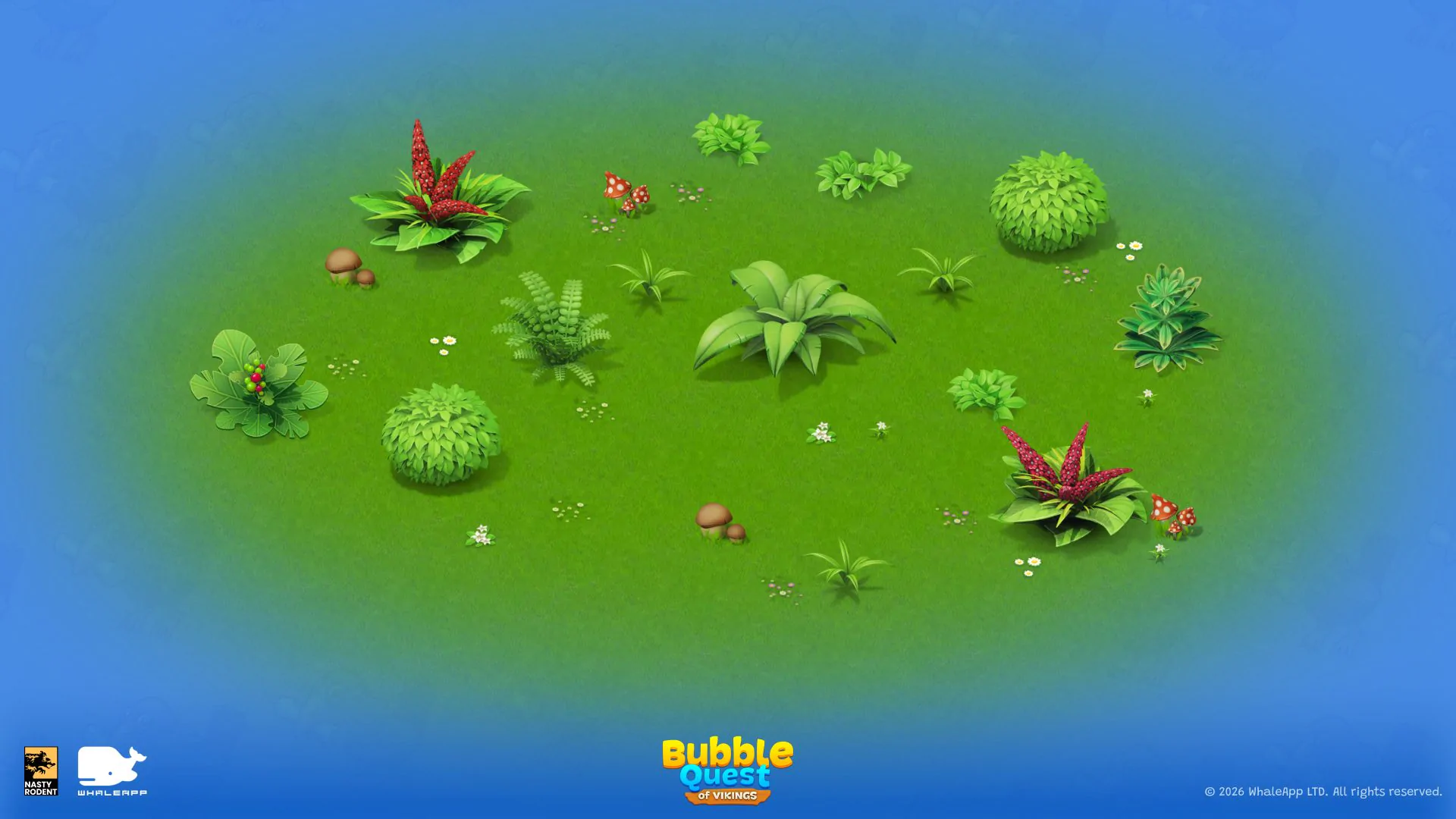 Set of stylized vegetation assets: bushes, ferns, flowers, and mushrooms