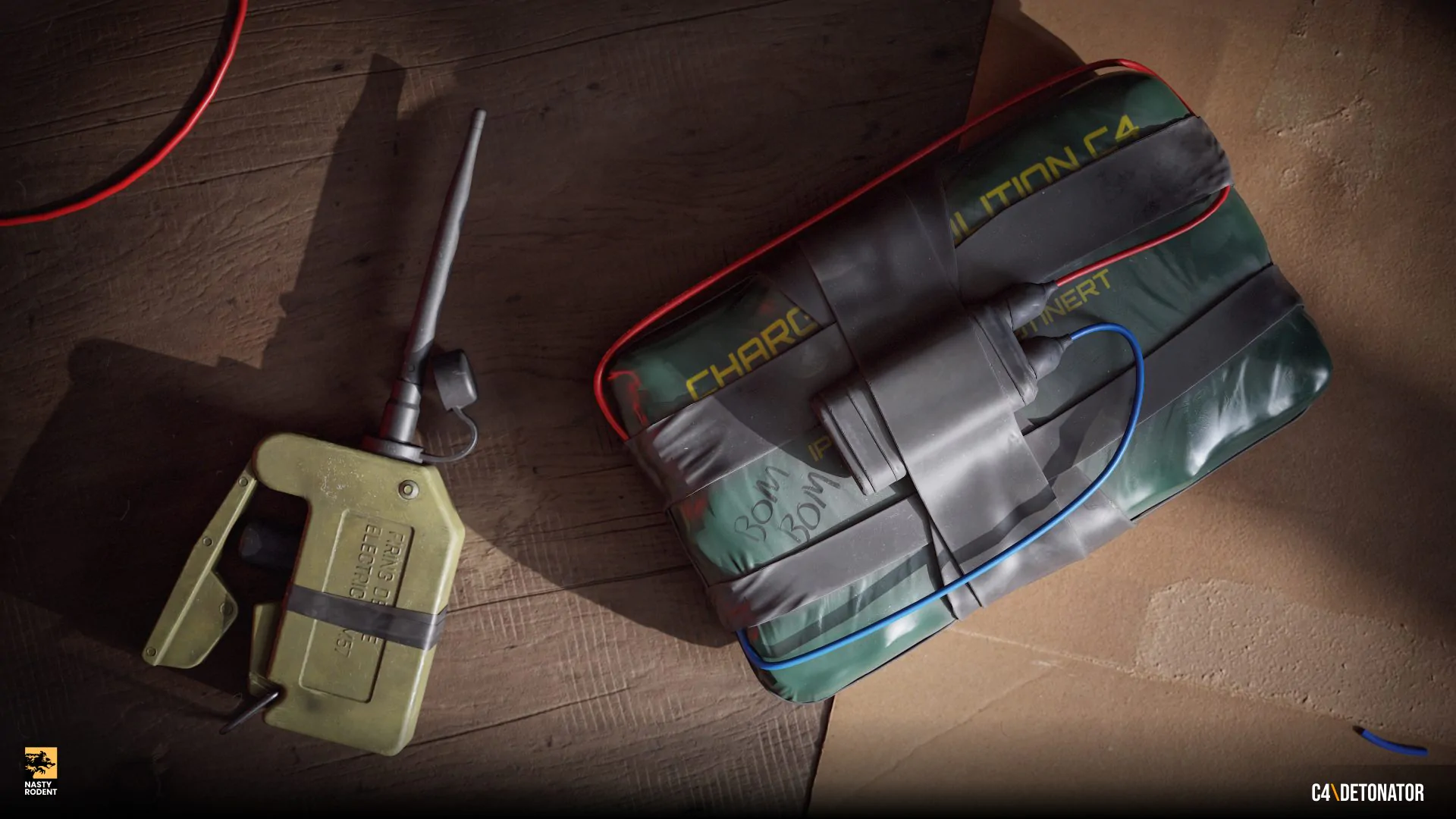 Realistic 3D model of C4 explosive charges with wires and manual detonator