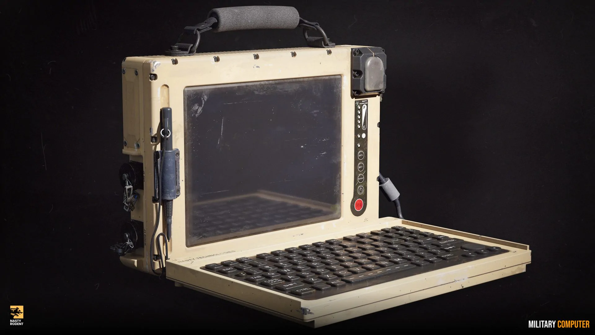 3D model of a ruggedized military laptop in a sand-colored shockproof case