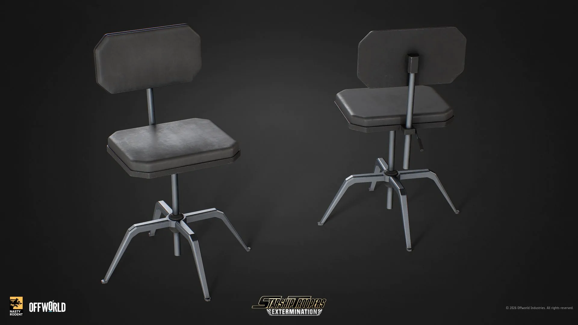 3D model of a simple futuristic office chair, front and back views