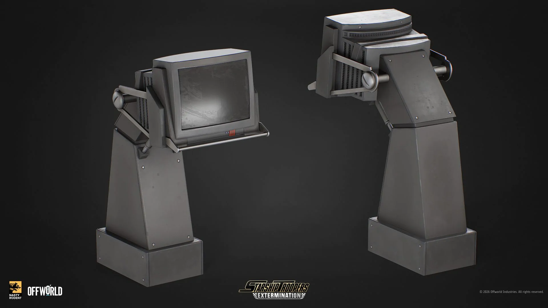 3D models of sci-fi stationary monitors on heavy industrial stands