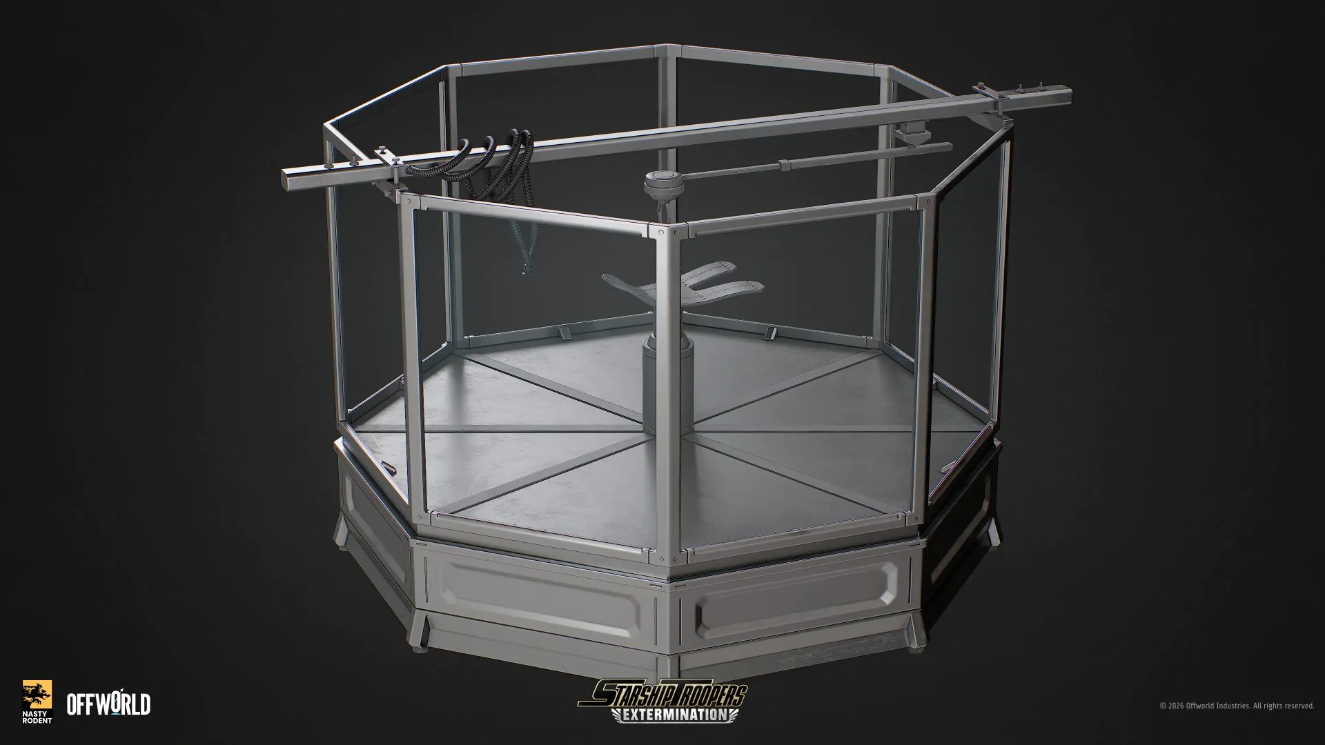 3D model of an octagonal medical platform with glass railing and scanner
