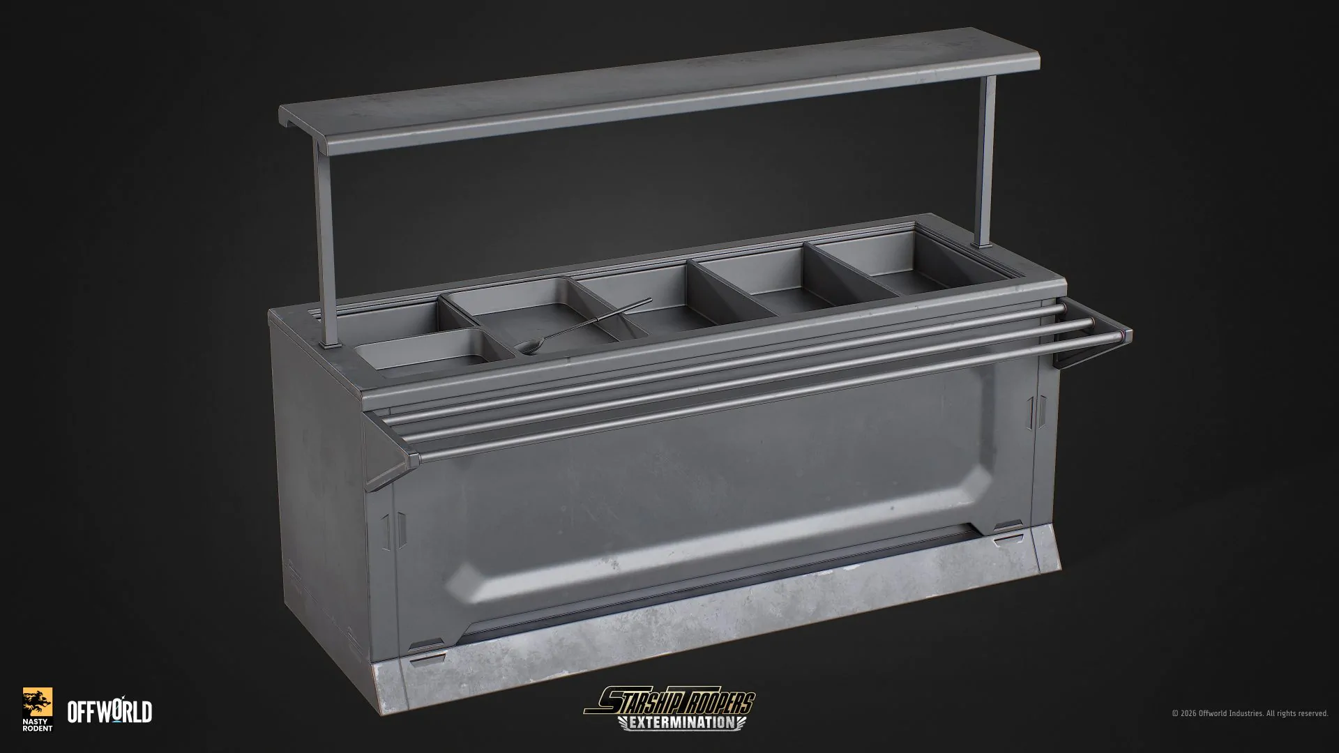 3D model of a metallic food service station for a futuristic cafeteria