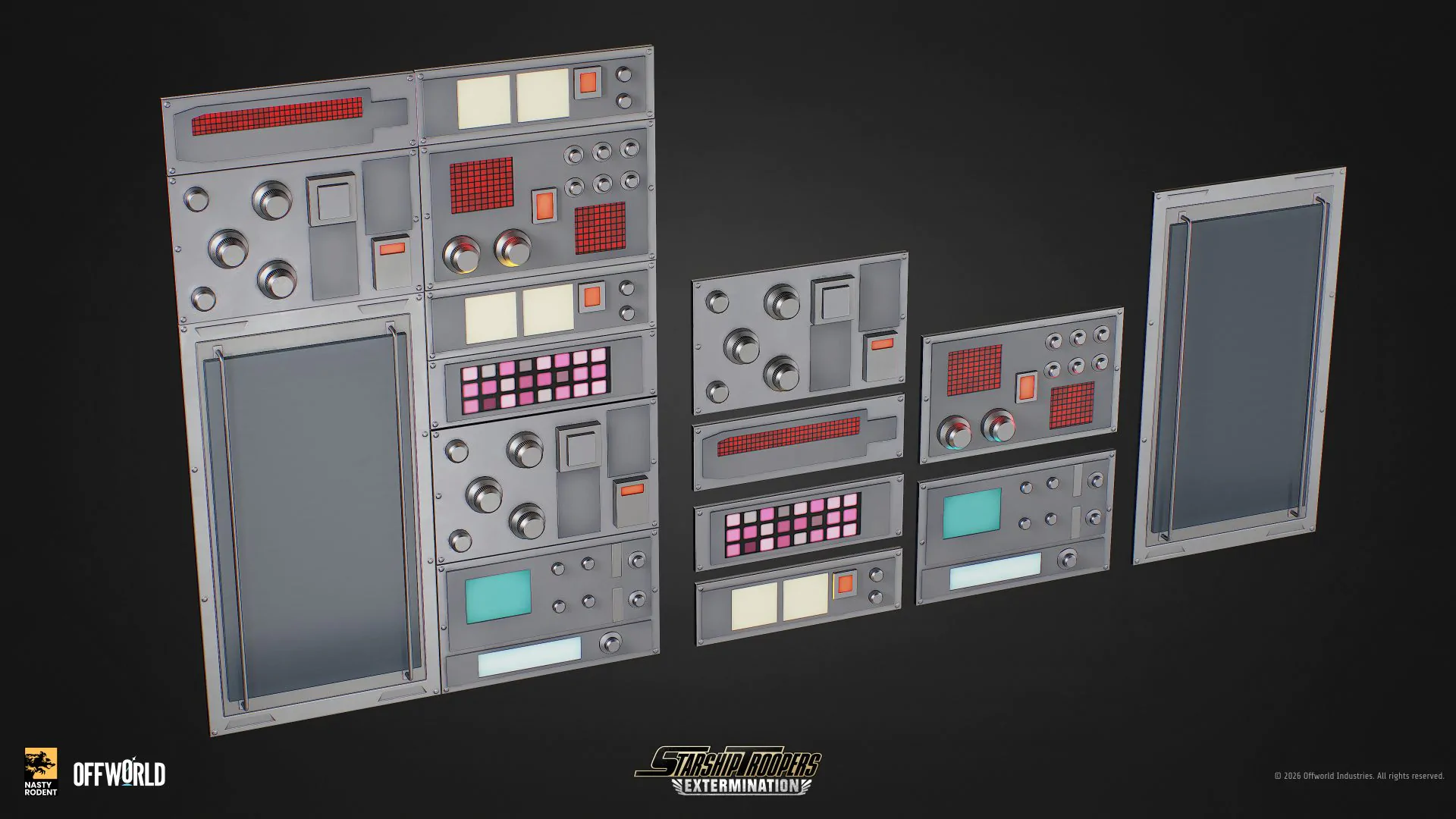 3D asset set of wall-mounted medical control panels with buttons and screens