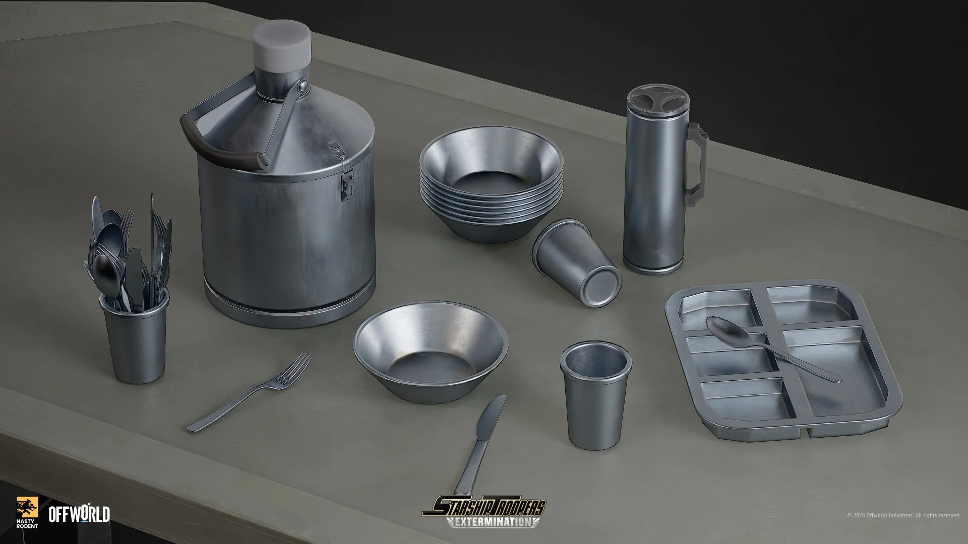 3D asset set of metallic kitchenware: trays, bowls, mugs, and cutlery