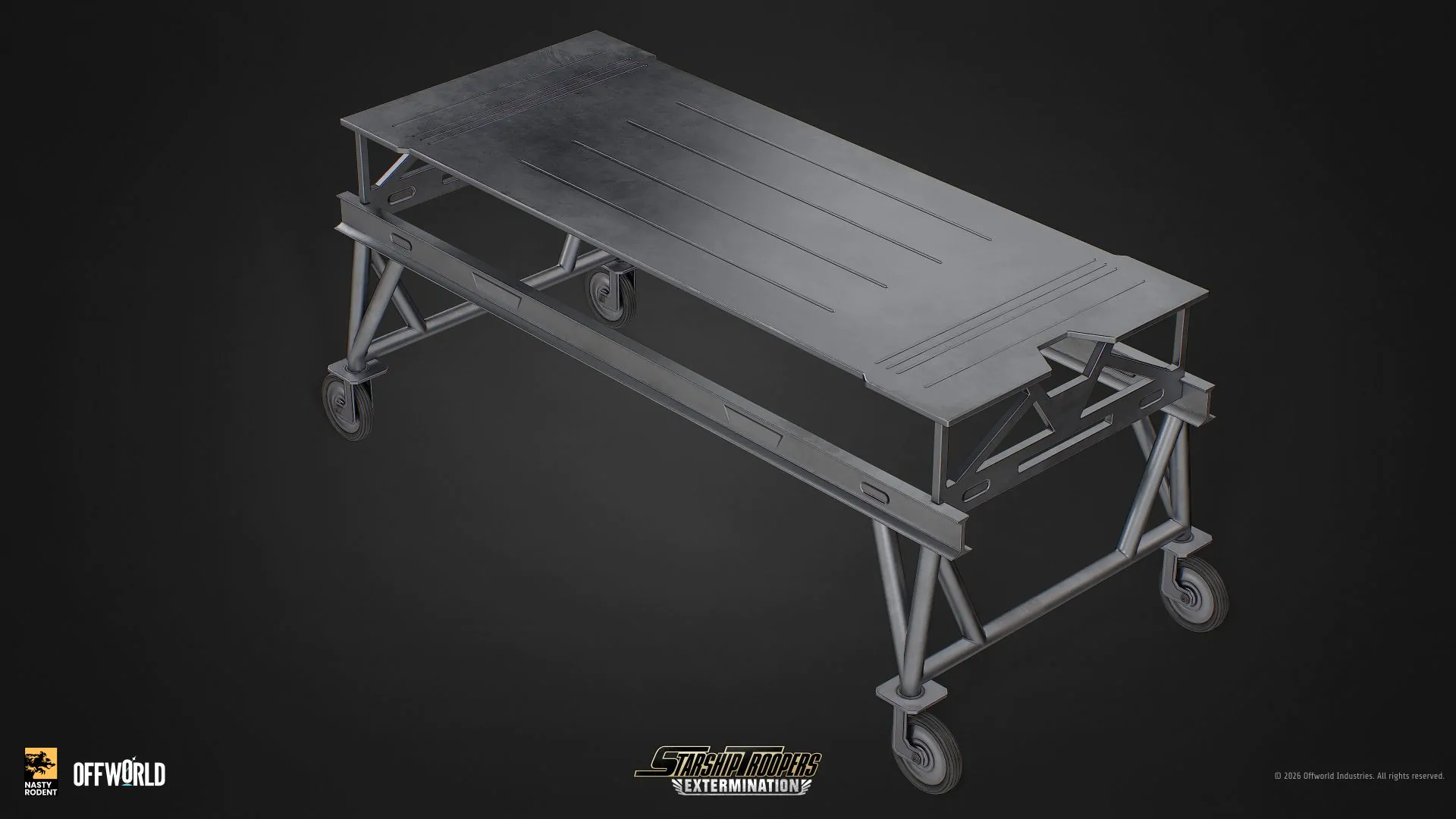 3D model of a mobile surgical table with industrial frame and wheels